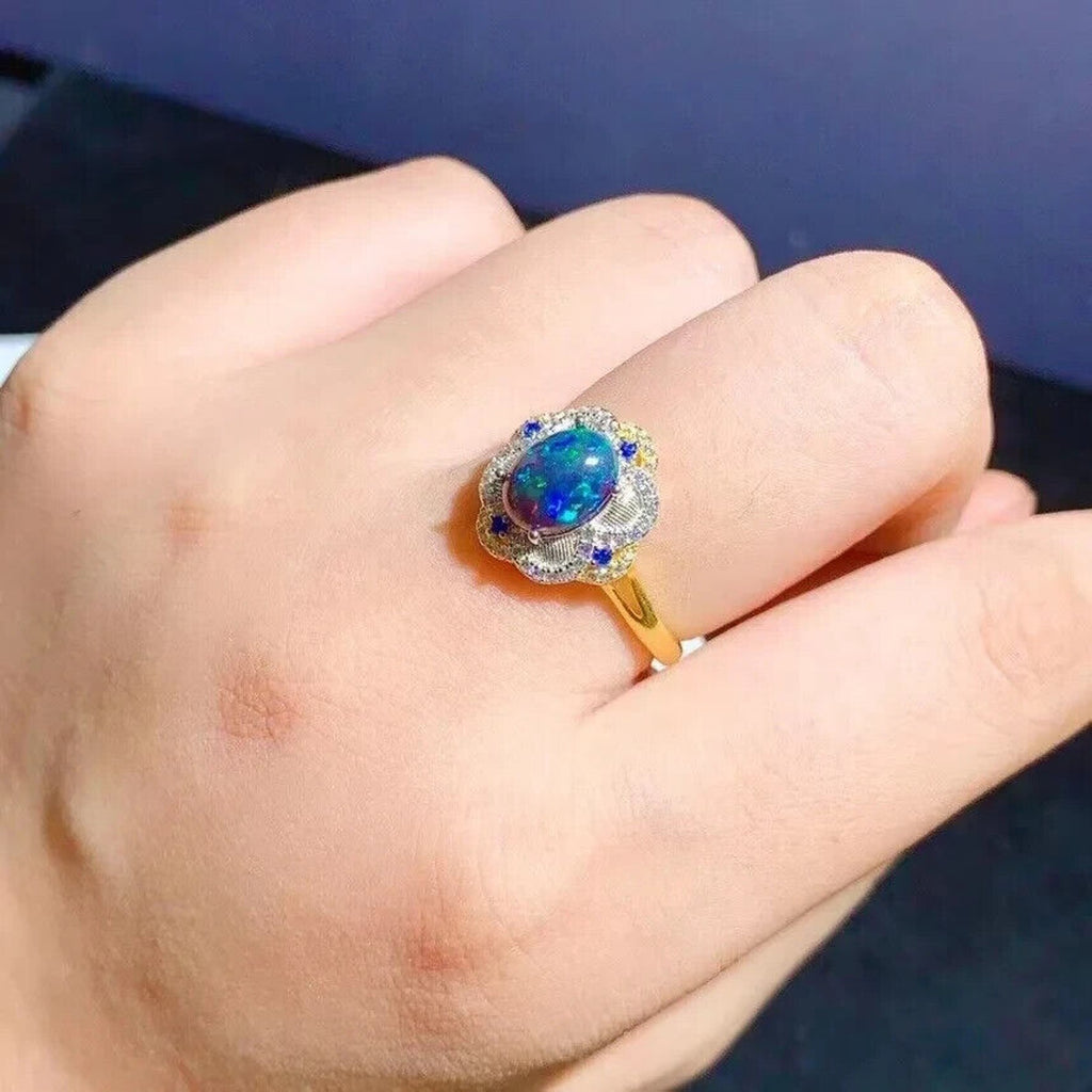 Natural Black Opal Jewelry Set 8x10mm, Colorful Fire Opal Pendant and Ring Set