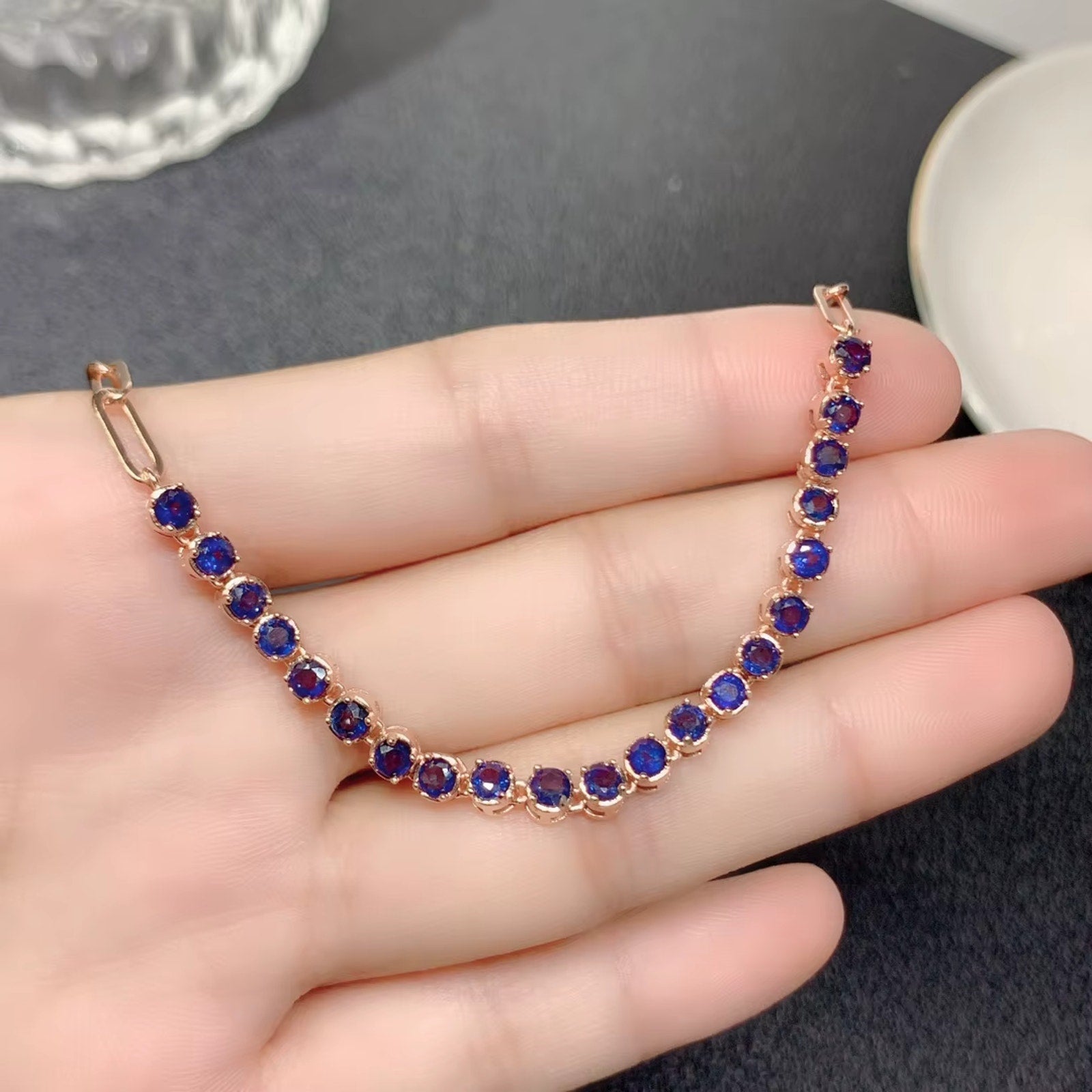 Natural Sapphire Paperclip Chain Bracelet, Blue Sapphire Bracelet 925 Sterling