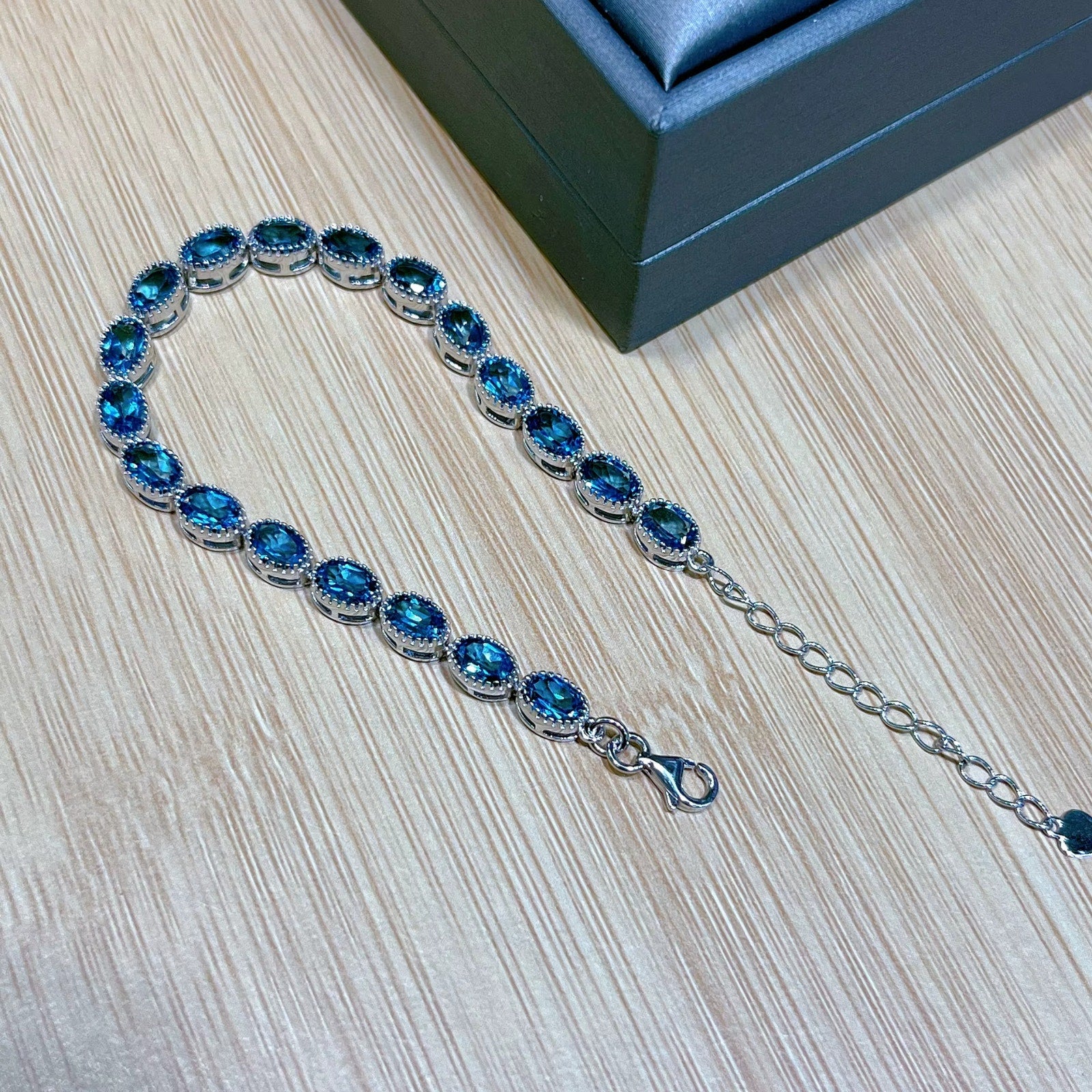 London Blue Topaz Tennis Bracelet Oval Cut VVS Grade 4x6mm 925 Sterling Silver