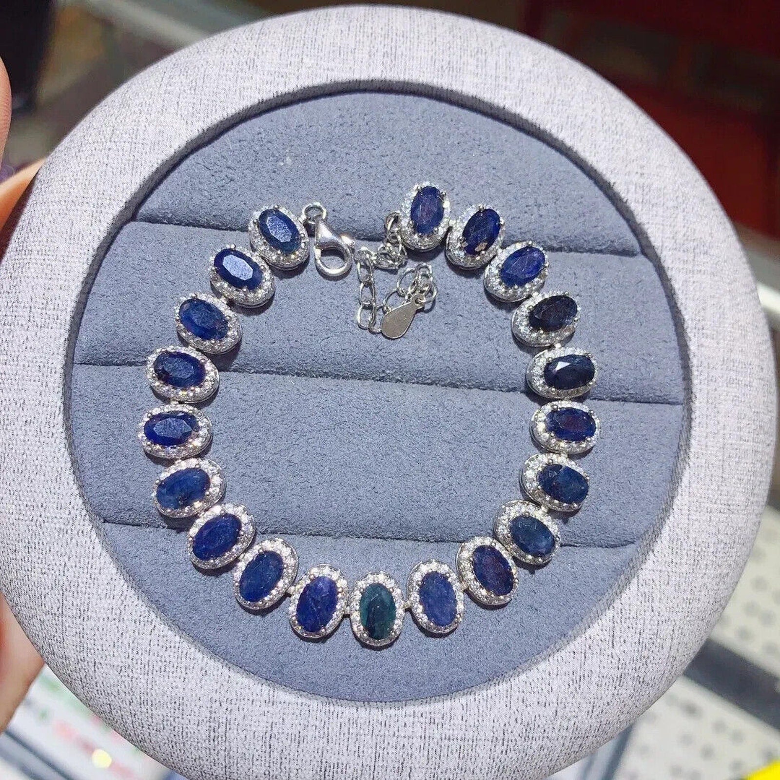 Natural Sapphire Tennis Bracelet, Opaque Blue Sapphire Bracelet 925 Sterling