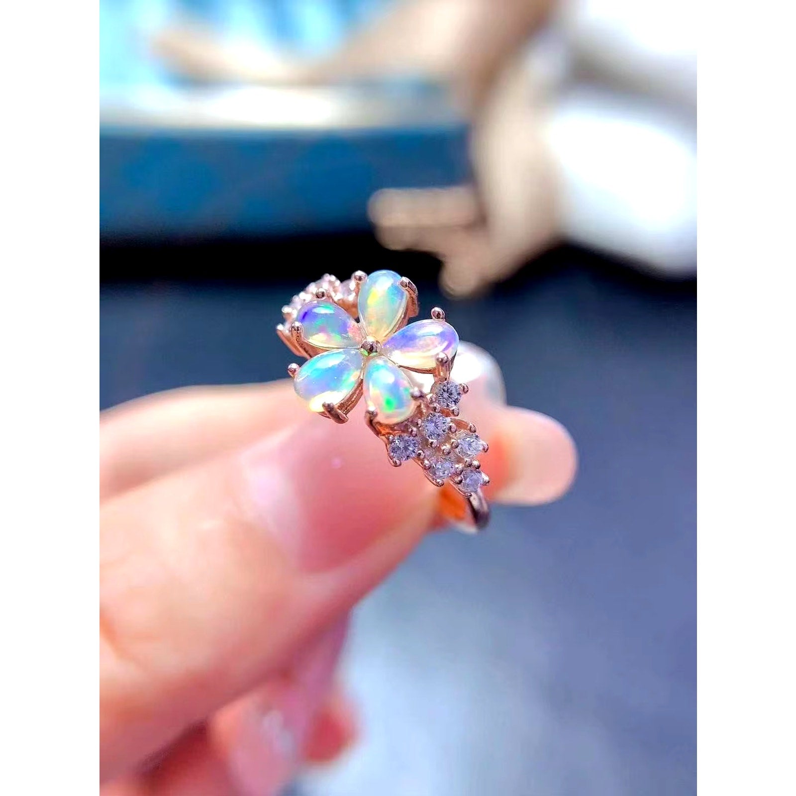 Fire Opal Flower Ring, Women's Natural Fire opal Ring 925 Sterling Silver