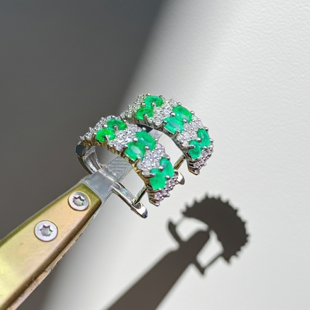 Natural Emerald Clip Earrings 3x4mm Platinum Plated Silver