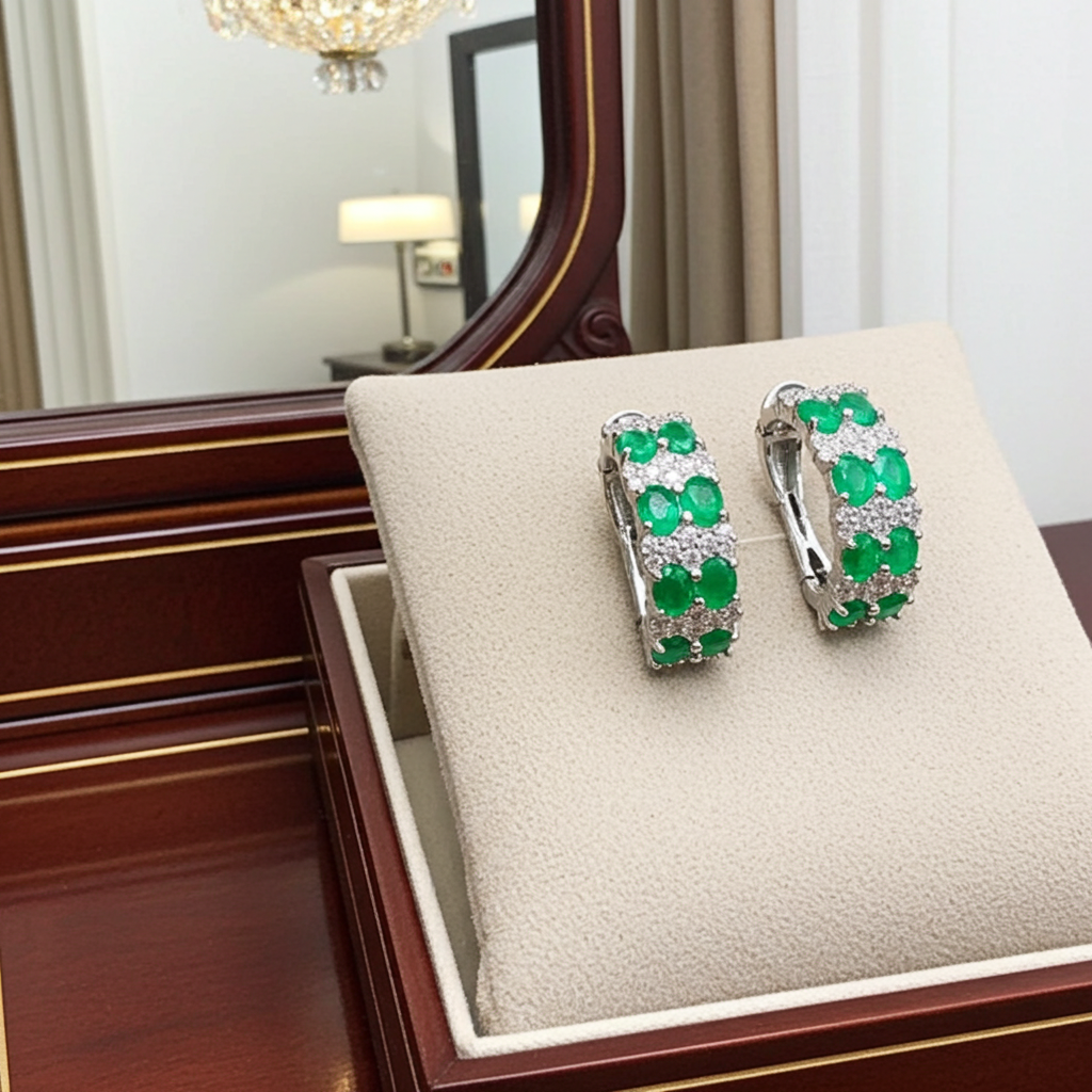 Natural Emerald Clip Earrings 3x4mm Platinum Plated Silver