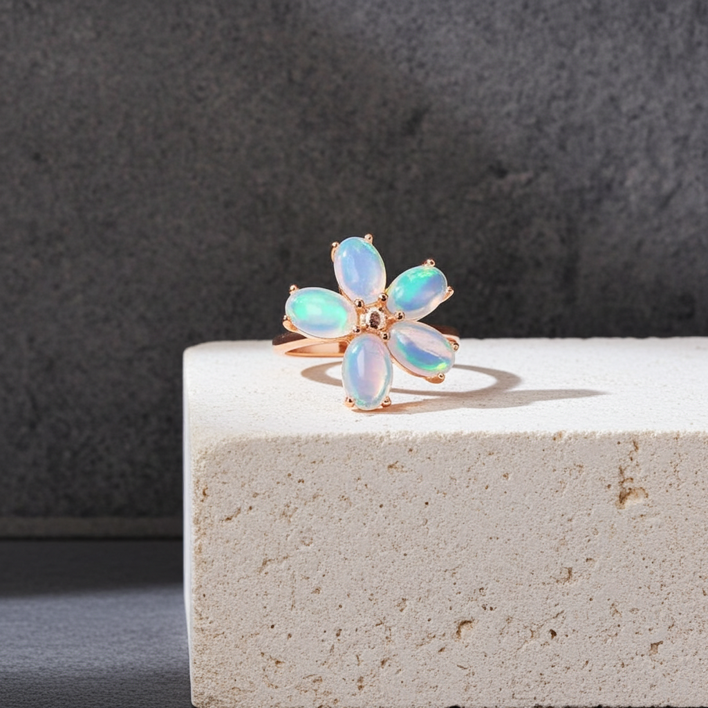 Australian Fire Opal Flower Ring 4x6mm 925 Sterling Silver