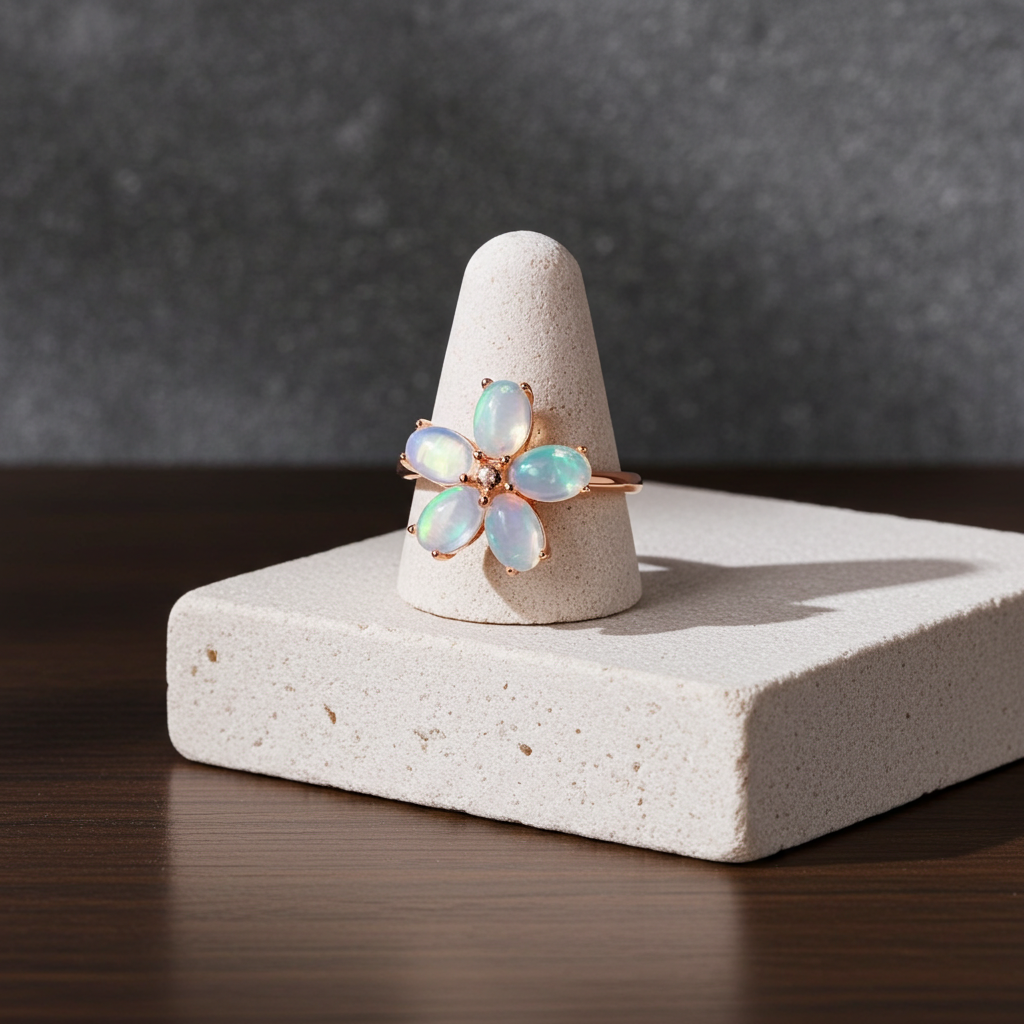 Australian Fire Opal Flower Ring 4x6mm 925 Sterling Silver