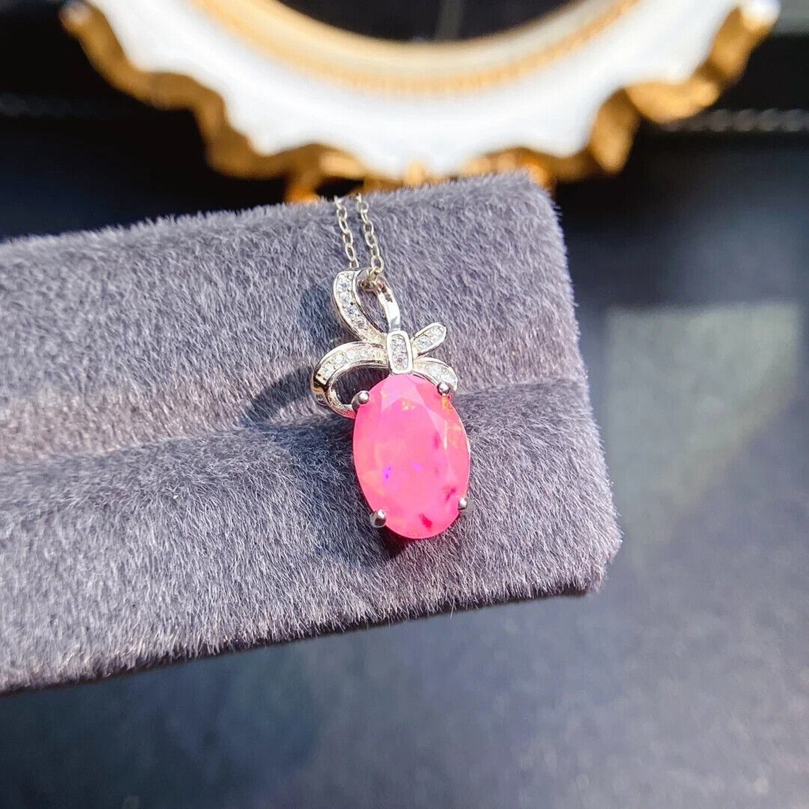 Pink Fire Opal Pendant Necklace 8x12mm, Natural Pink Fire Opal Necklace