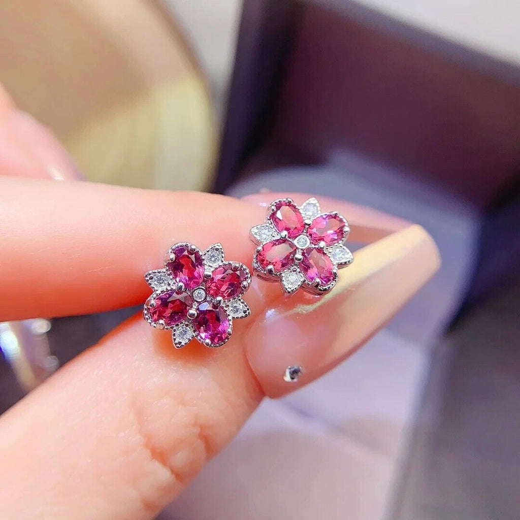 Pink Topaz Flower Cluster Earrings, Pink Topaz Stud Earrings 3x4mm 925 Sterling