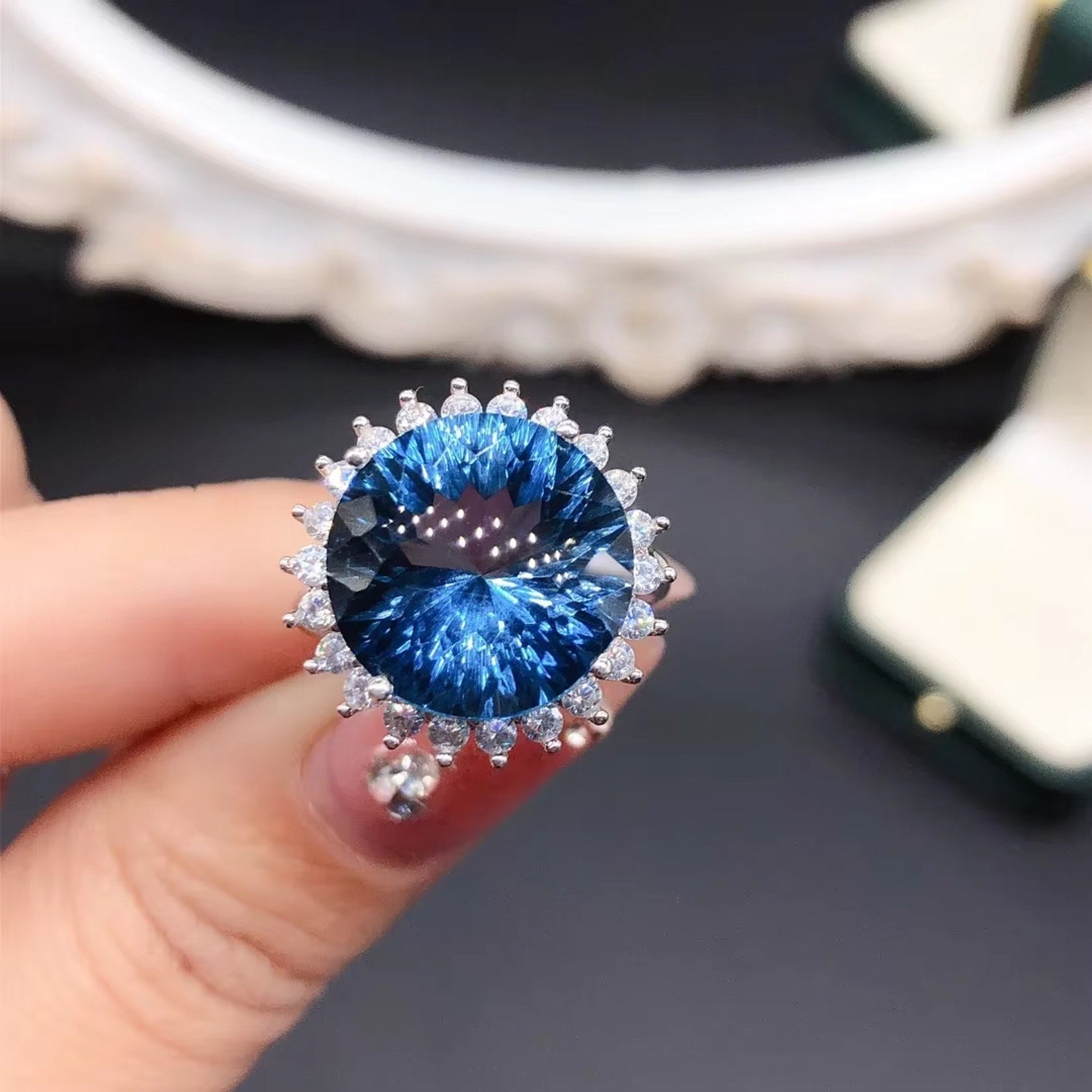 12Ct Firework Cut London Blue Topaz Halo Engagement Ring 925 Sterling Silver