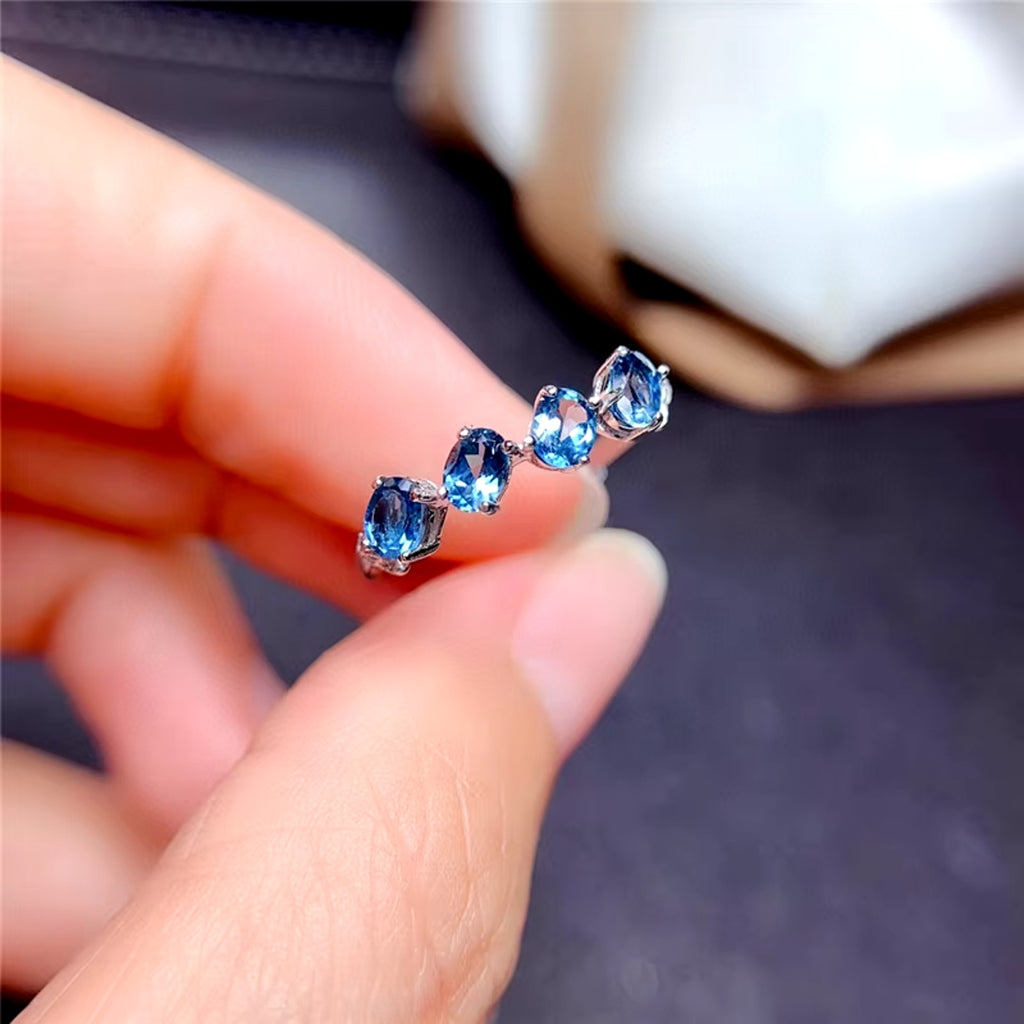 London Blue Topaz Band Ring, Natural London Blue Topaz Gemstone Ring Sterling