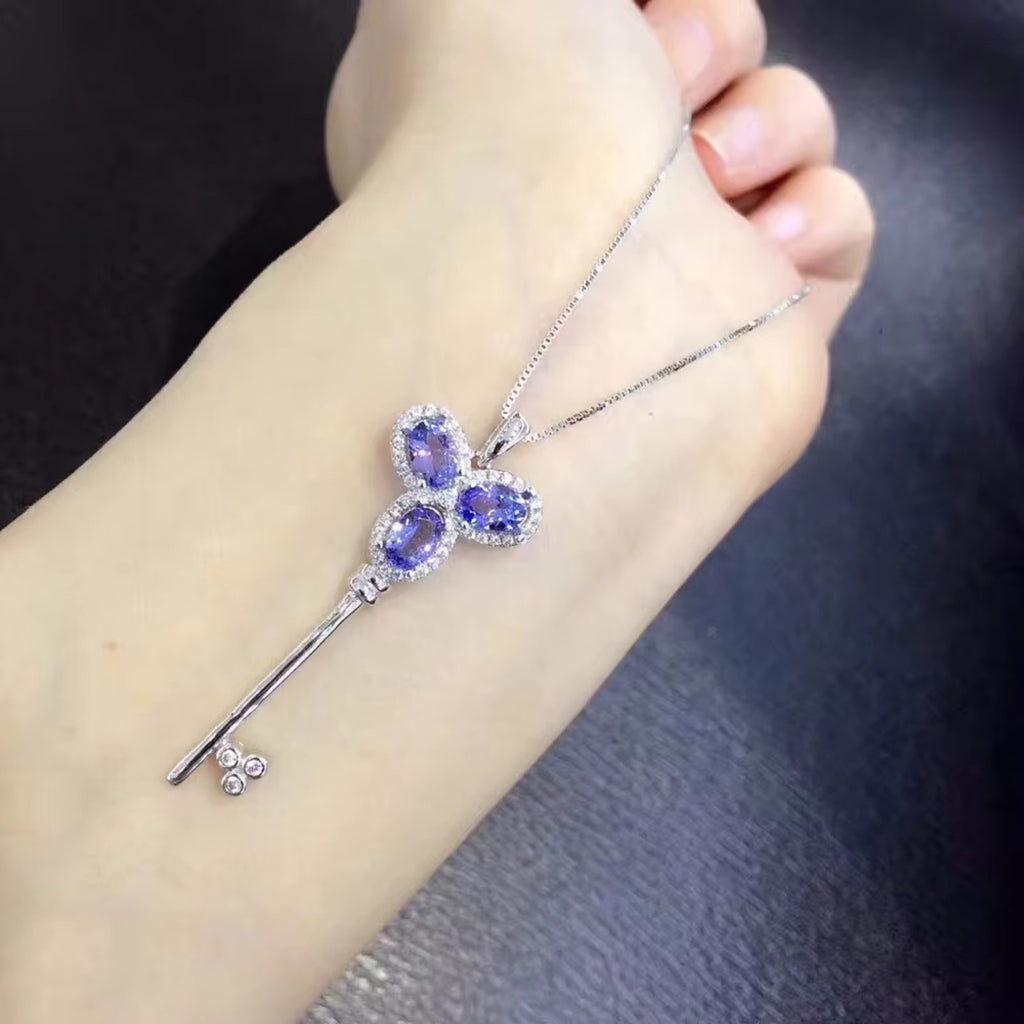 Purple Tanzanite Key Pendant Necklace, Natural Tanzanite Necklace For Women
