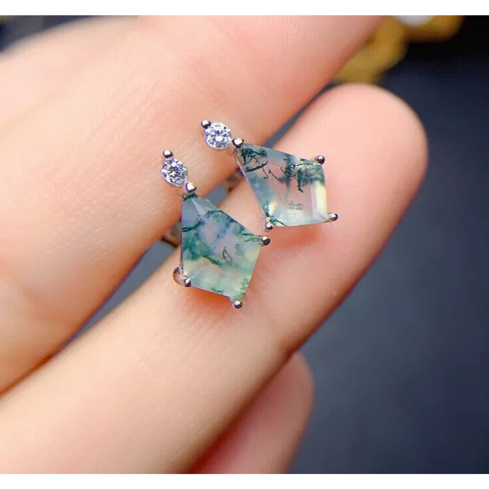 Natural Moss Agate Stud Earrings, Women's Moss Agate Jewelry Sterling Silver