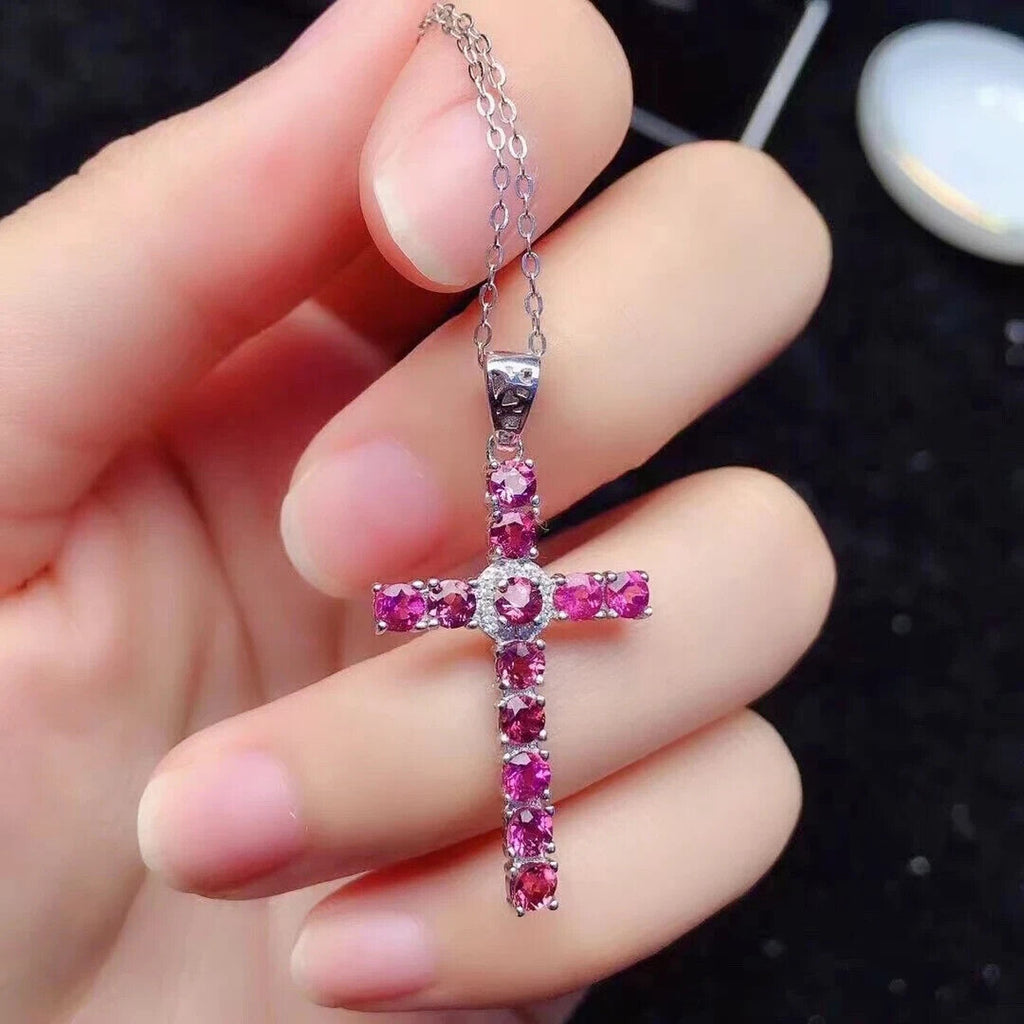Natural Pink Tourmaline Cross Necklace, Gemstone Cross Necklace 925 Sterling