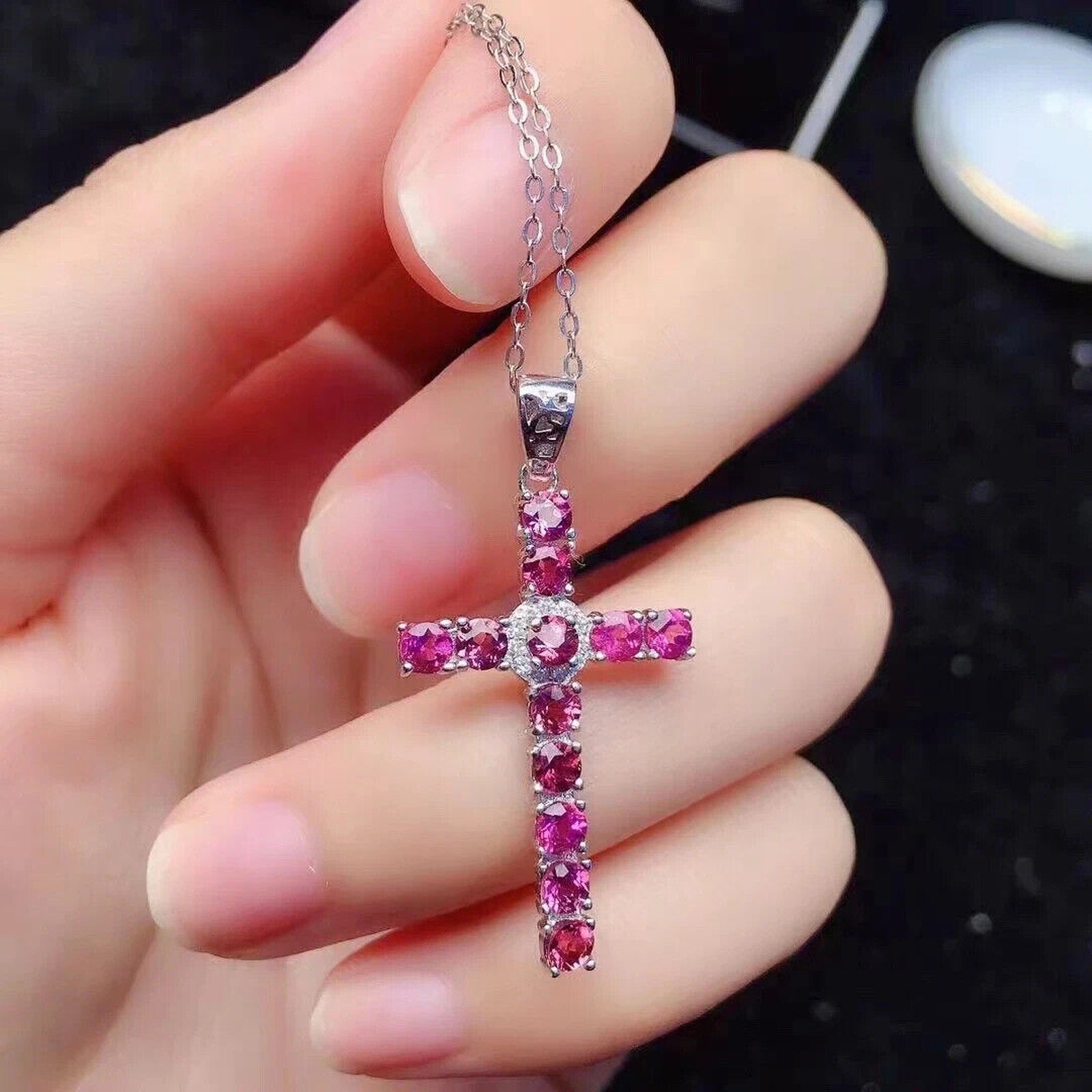 Natural Pink Tourmaline Cross Necklace, Gemstone Cross Necklace 925 Sterling