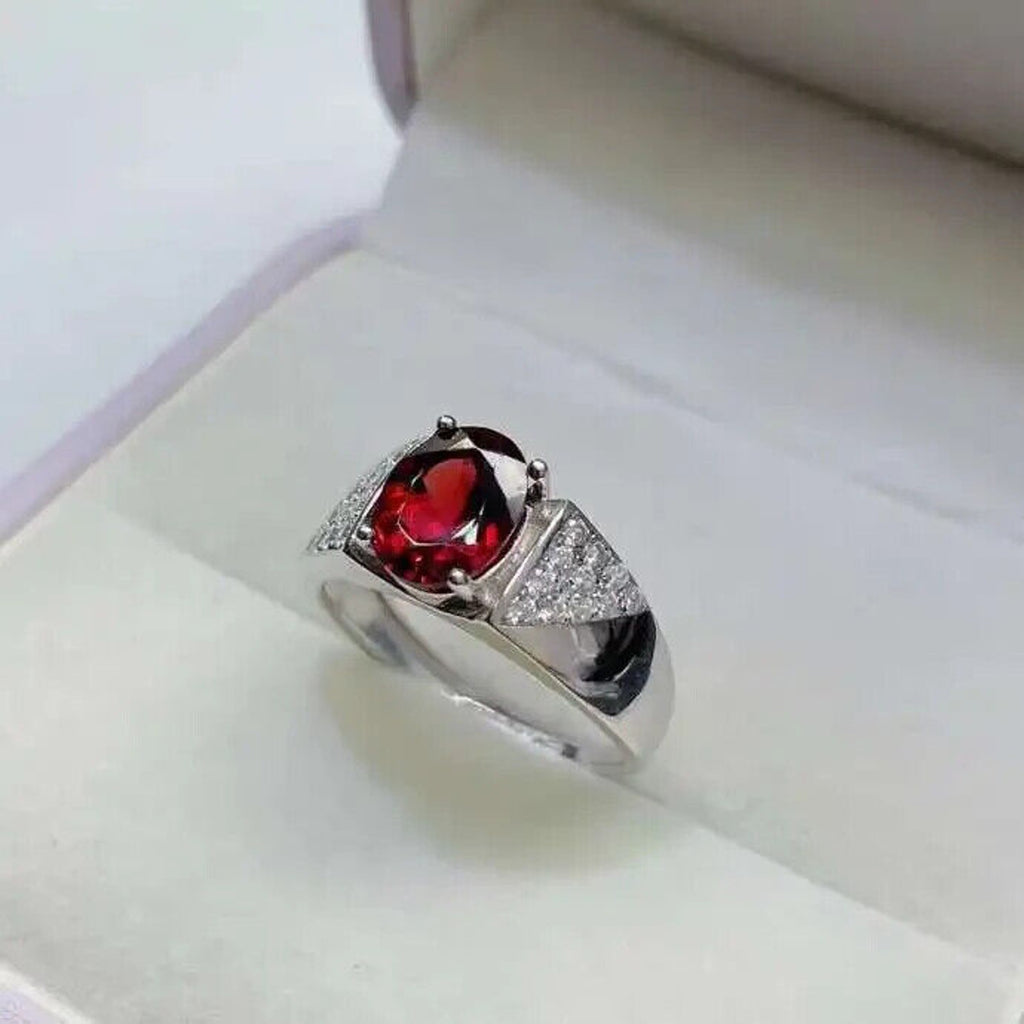 Red Garnet Mens Cocktail Ring 7x9mm Platinum Plated Sterling