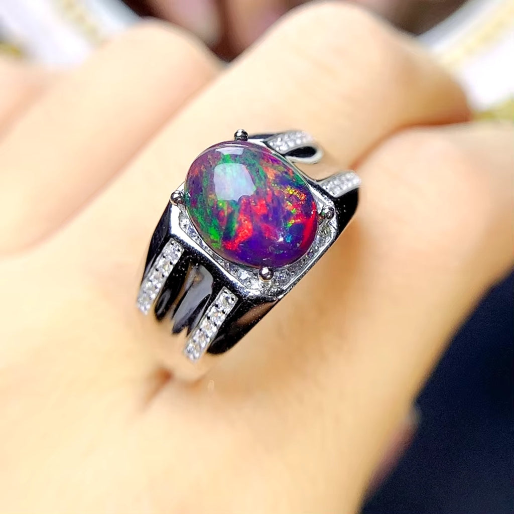Men's Fire Opal Statement Ring, Black Fire Opal Ring Sterling Silver 7x9mm
