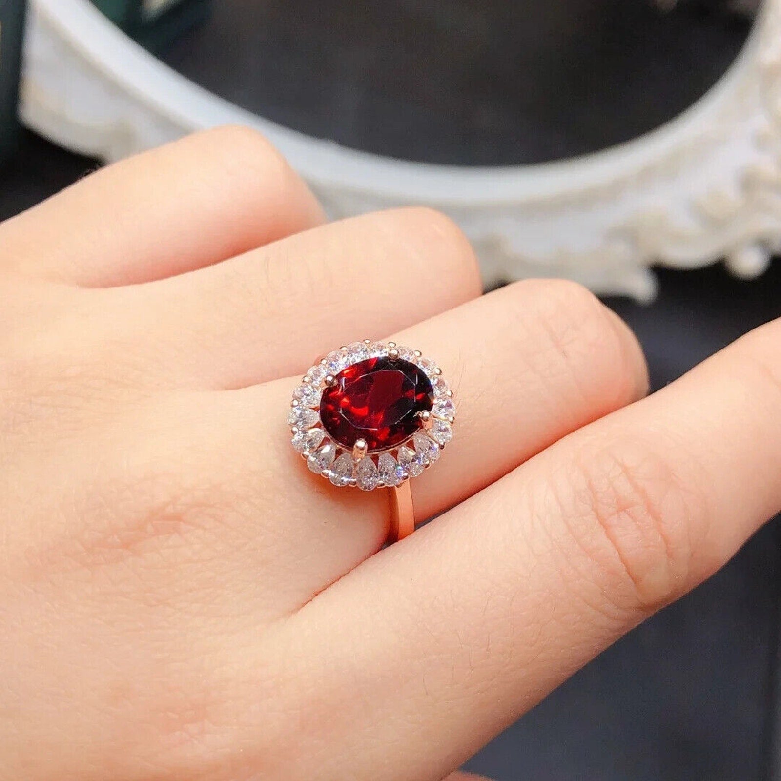 Red Garnet Cluster Statement Ring 8x10mm Platinum Pated Sterling Silver
