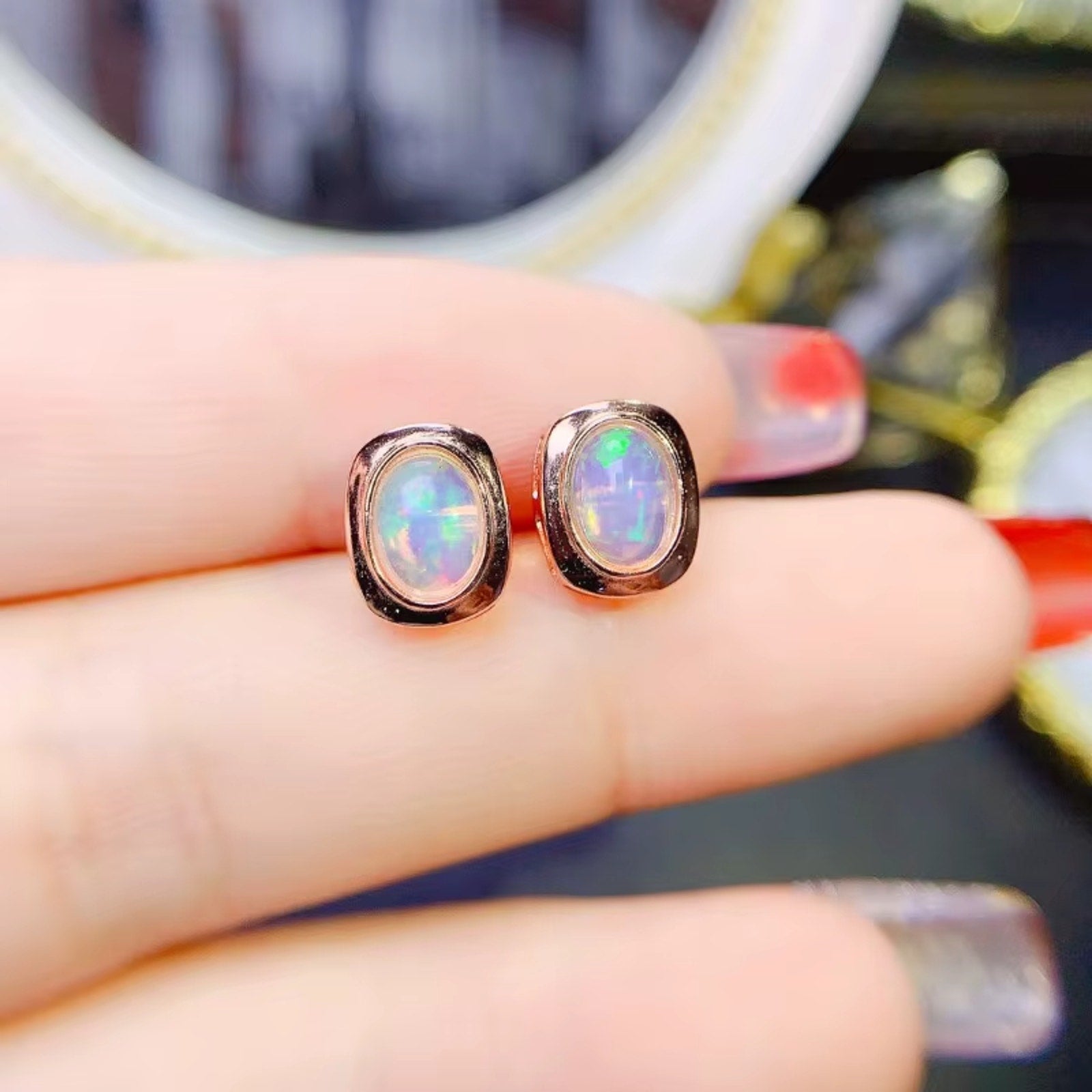 925 Sterling Silver Opal Stud Earrings For Women Fire Opal Earrings 5x7mm
