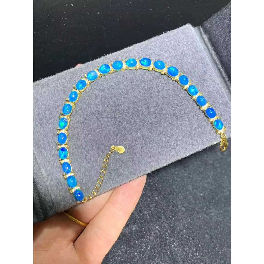 Blue Opal Women's Bracelet, Natural Blue Fire Opal Tennis Bracelet 4x6mm