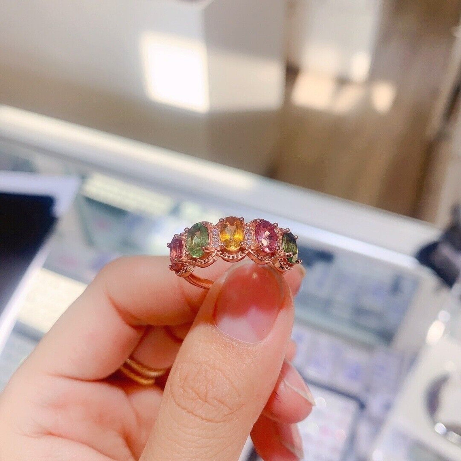 Natural Tourmaline Multicolor Band Ring, Tourmaline Gemstone Ring Silver