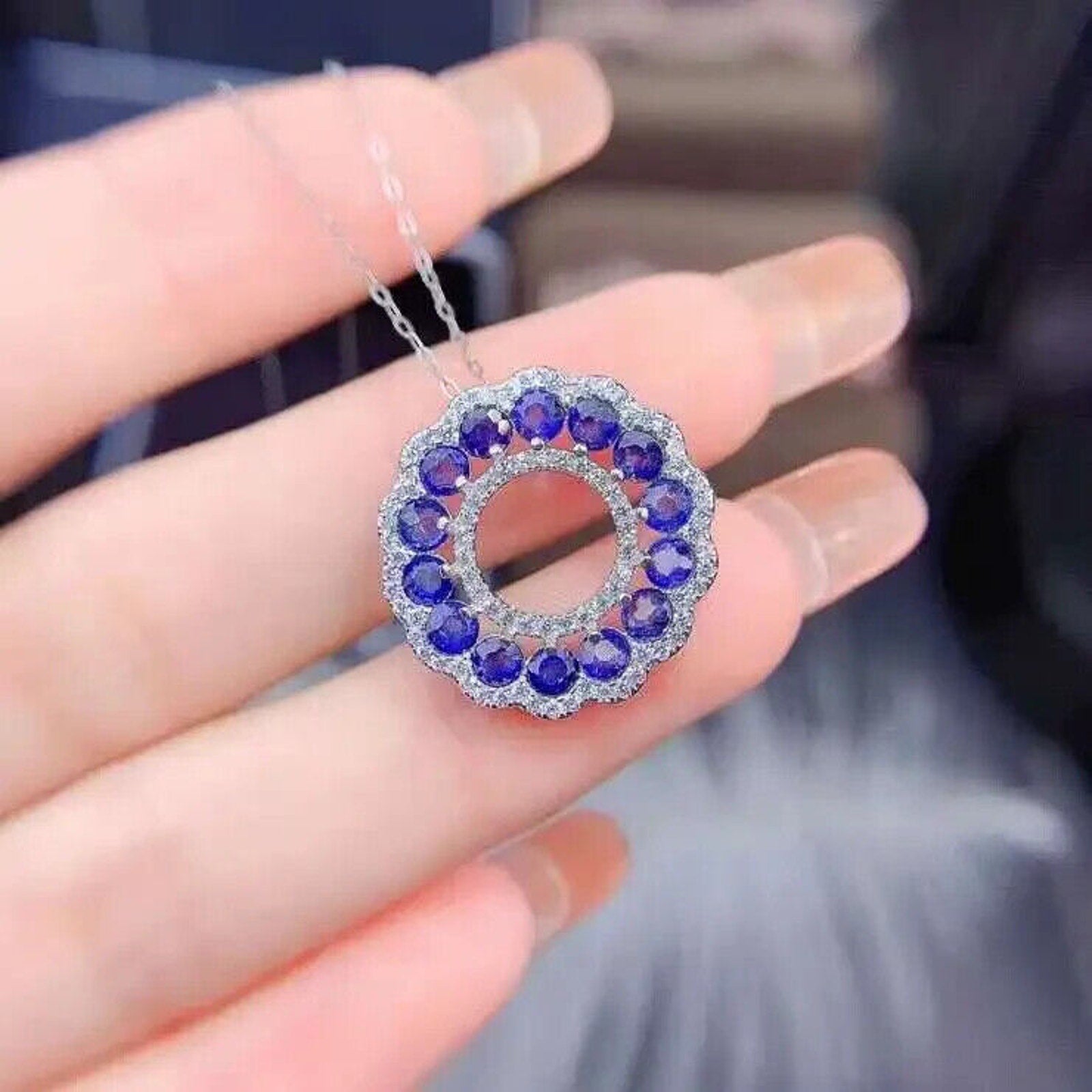 Sri Lanka Sapphire Circle Necklace, Women's Natural Blue Sapphire Necklace