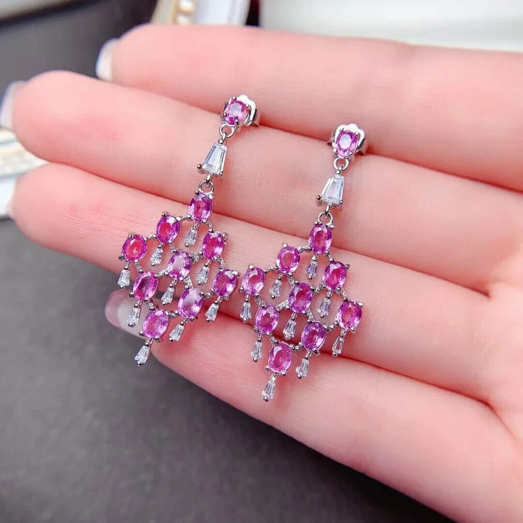 Pink Sapphire Chandelier Earrings VVS Grade 3x4mm Platinum Plated