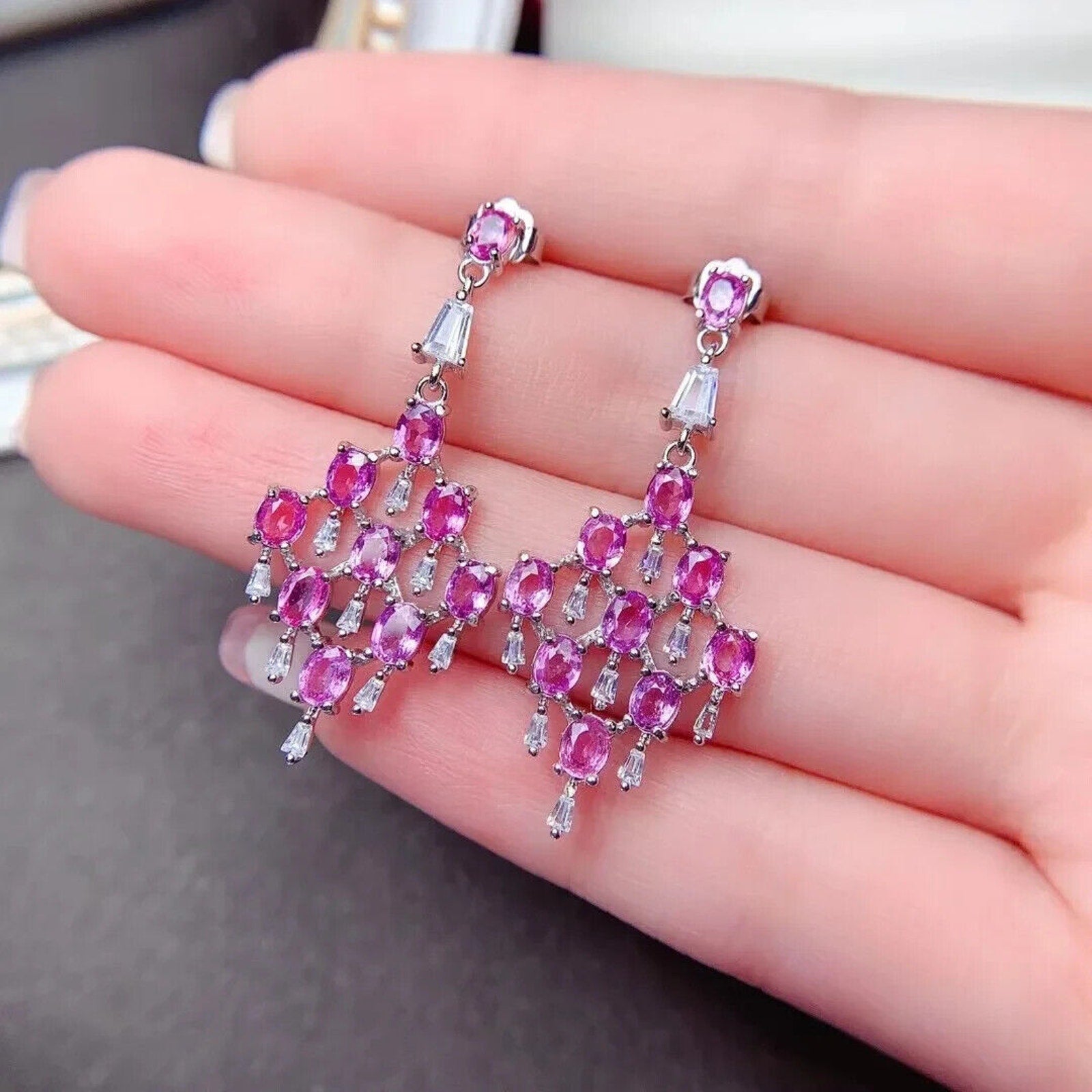 Pink Sapphire Chandelier Earrings VVS Grade 3x4mm Platinum Plated