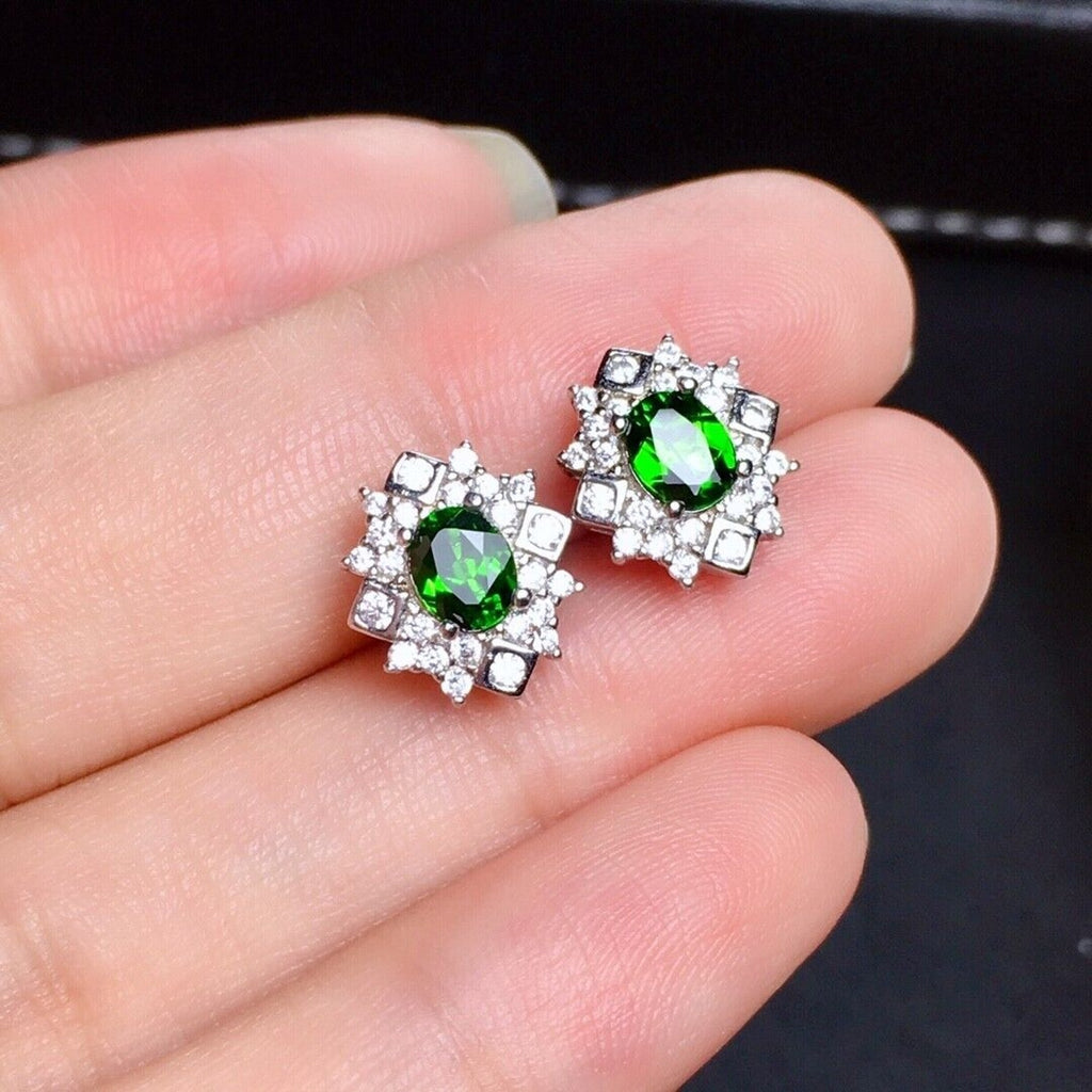 Natural Chrome Diopside Stud Earrings VVS Grade Platinum Plated Sterling Silver