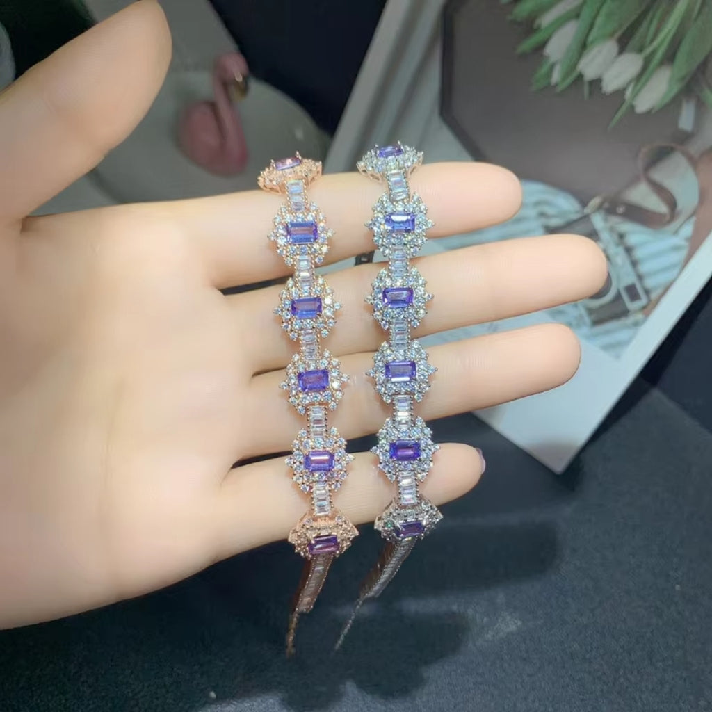 Tanzanite Tennis Bracelet 925 Sterling Silver, Emerald Cut Tanzanite Bracelet