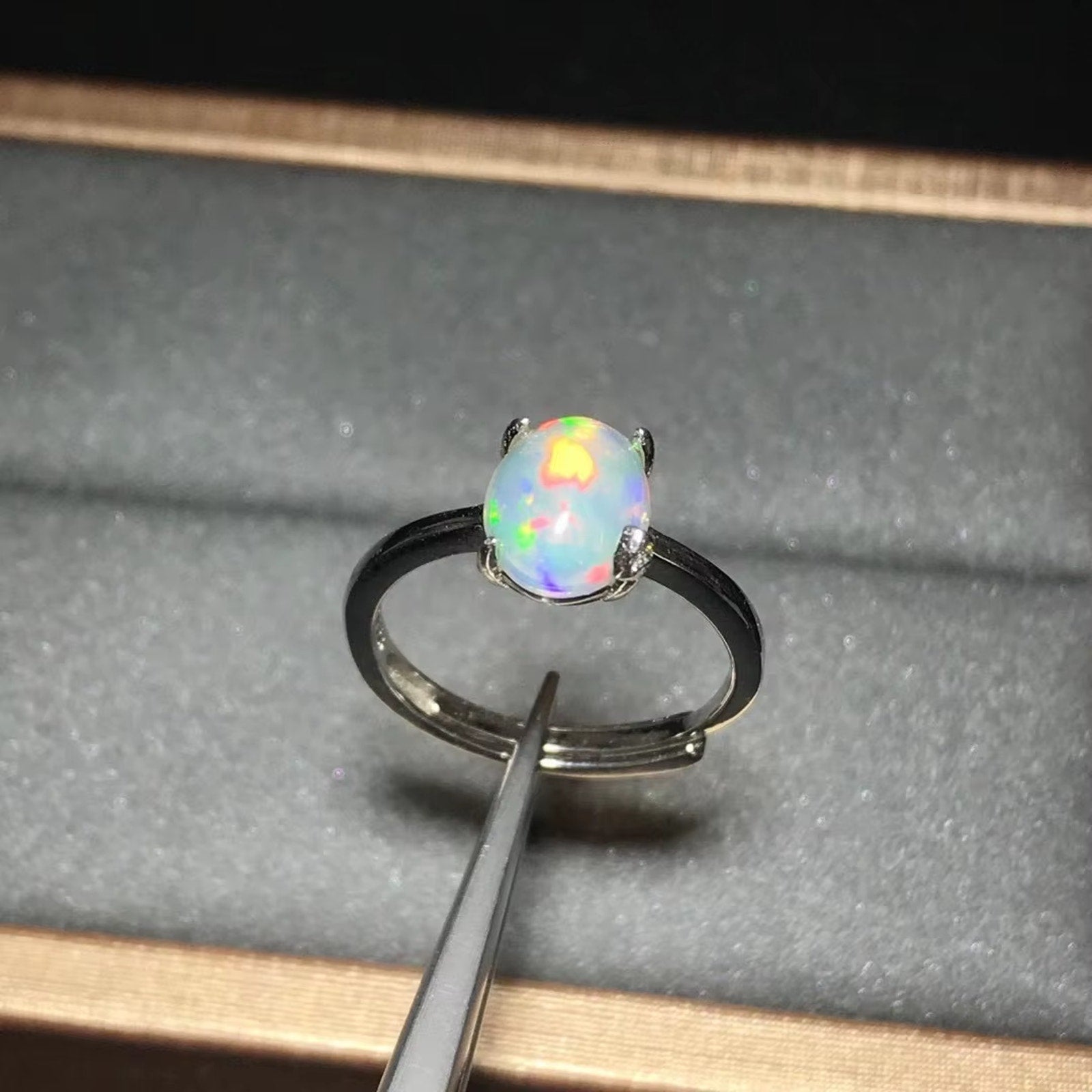 Rainbow Fire Opal Solitaire Ring 925 Sterling Silver Natural Fire Opal 7x9mm