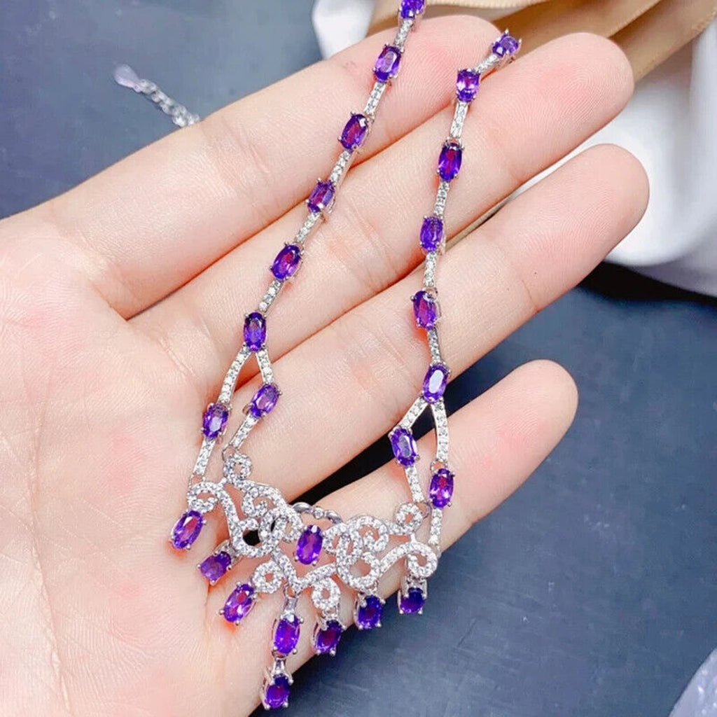 Purple Amethyst Statement Necklace, Natural Amethyst Gemstone Necklace 925