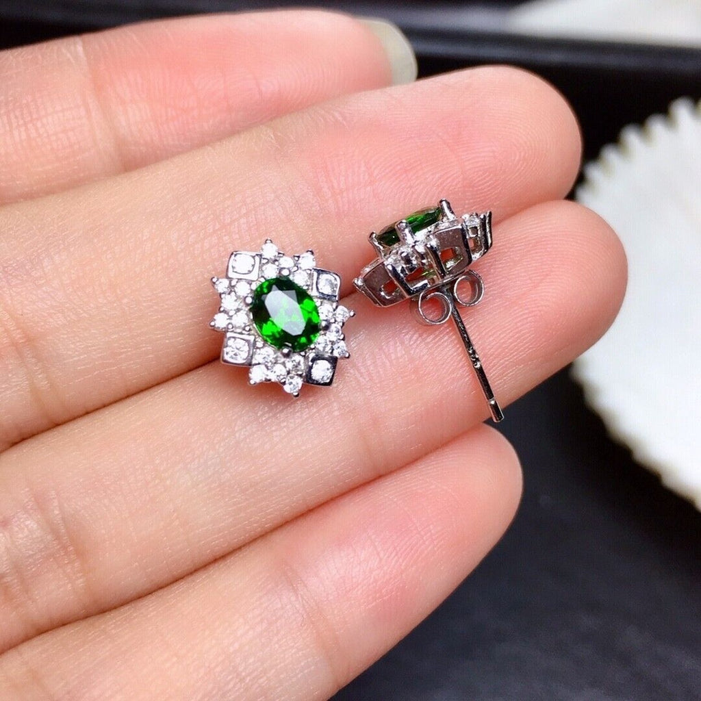 Natural Chrome Diopside Stud Earrings VVS Grade Platinum Plated Sterling Silver