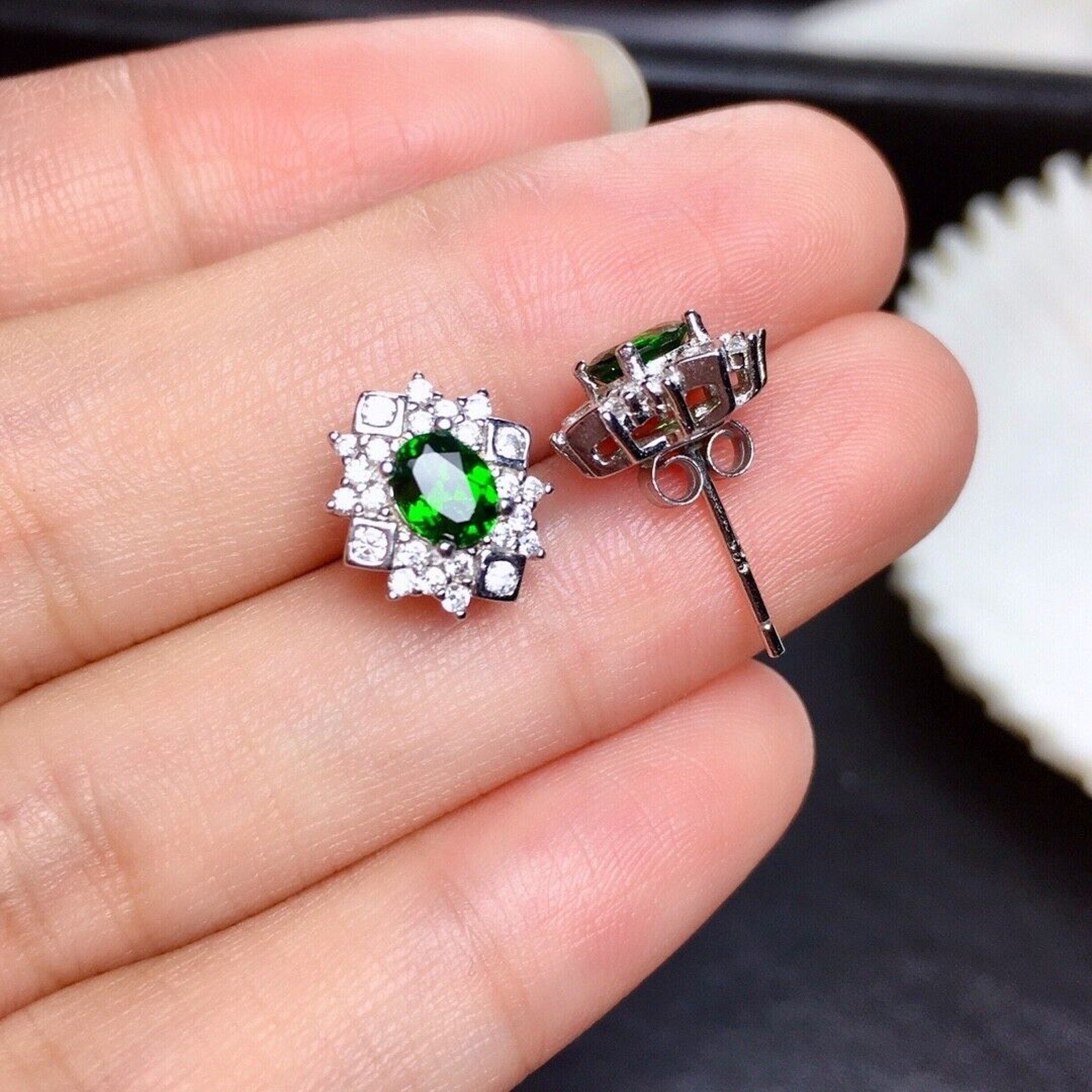 Natural Chrome Diopside Stud Earrings VVS Grade Platinum Plated Sterling Silver