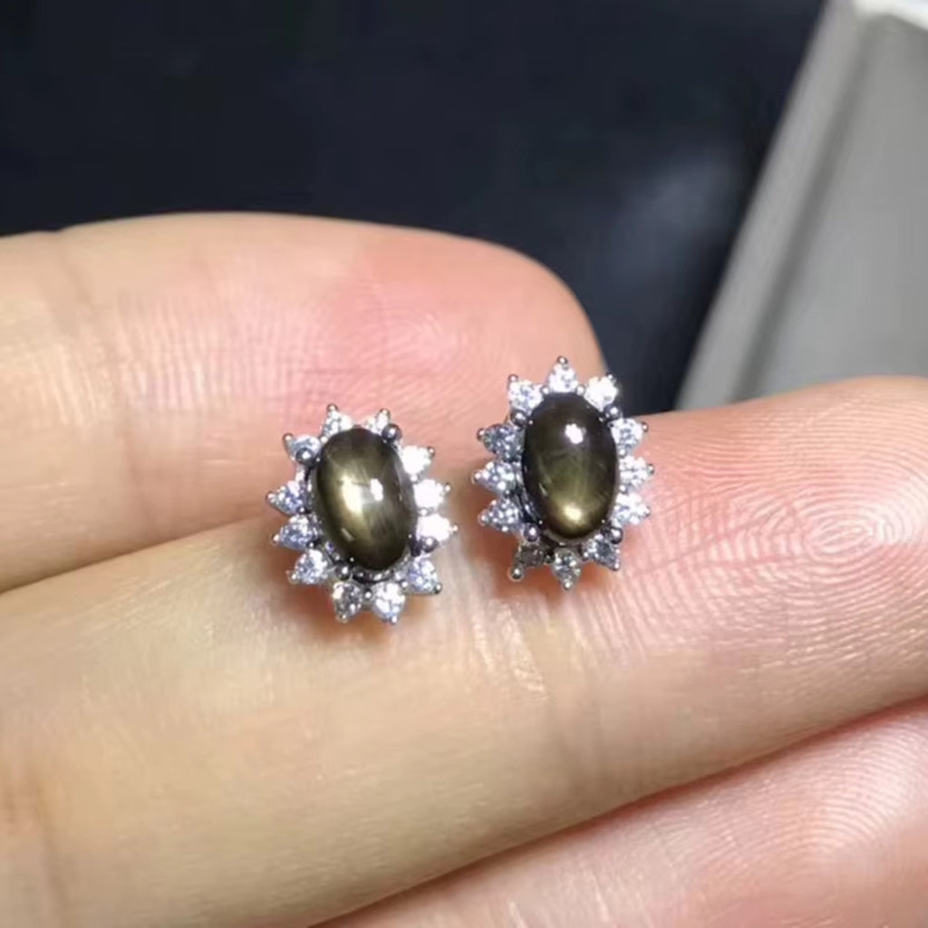Natural Star Sapphire Earrings 925 Sterling Silver, Gray Star Sapphire Earrings