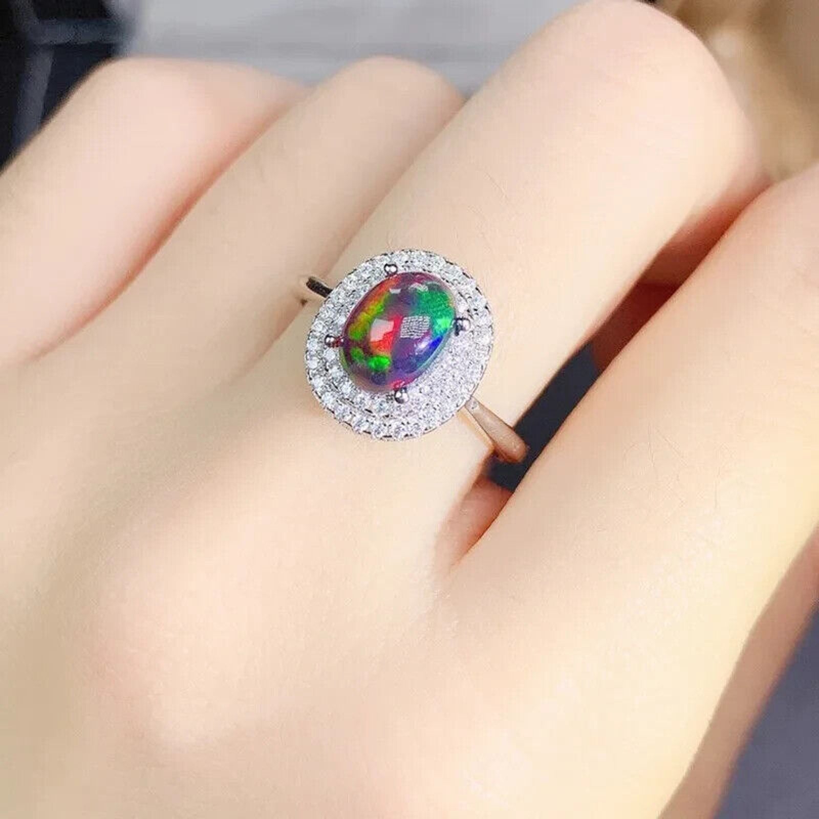 Colorful Black Fire Opal Statement Ring 6x8mm , Natural Fire Opal Ring