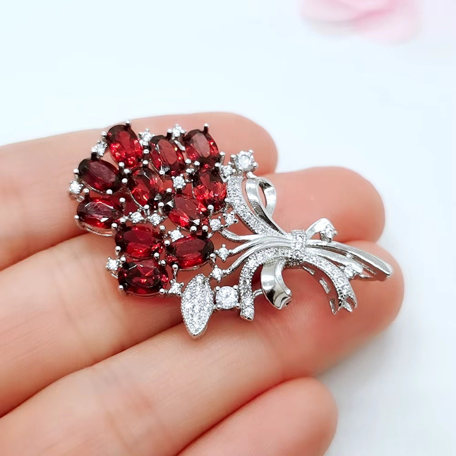 Natural Garnet Flower Bouquet Brooch Pin, Garnet Gemstone Brooch
