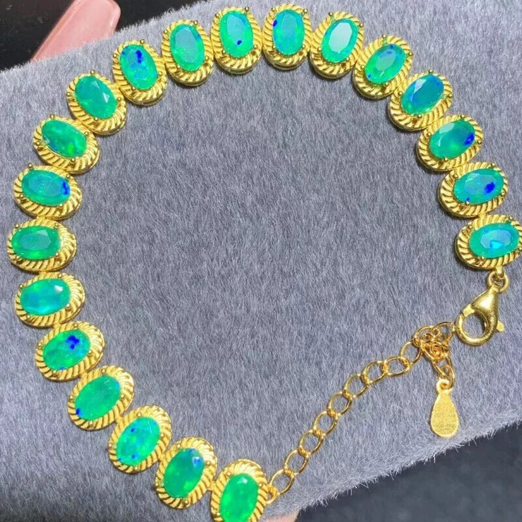 Natural Green Fire Opal Gemstone Bracelet, Fire Opal Tennis Bracelet Green 4x6mm