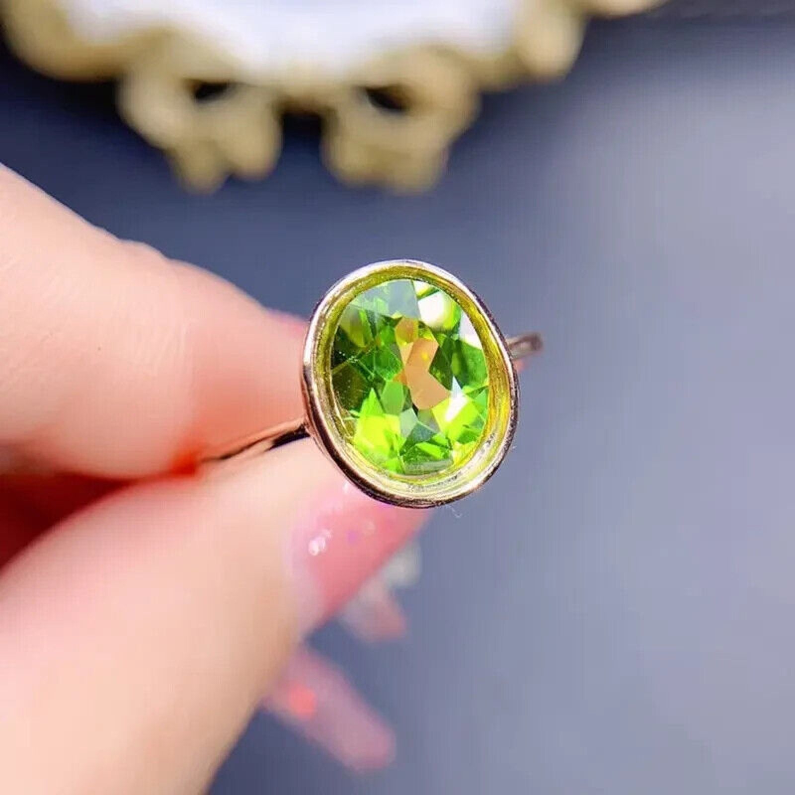 Natural Peridot Gemstone Ring 7x9mm 2CT, August Birthstone Peridot Ring