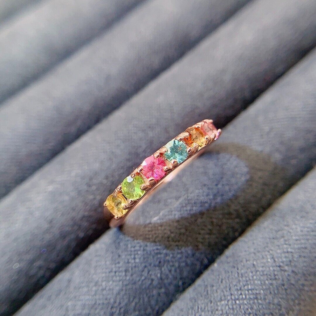 Natural Tourmaline Gemstone Band Ring, Women's Multicolor Tourmaline Band Ring