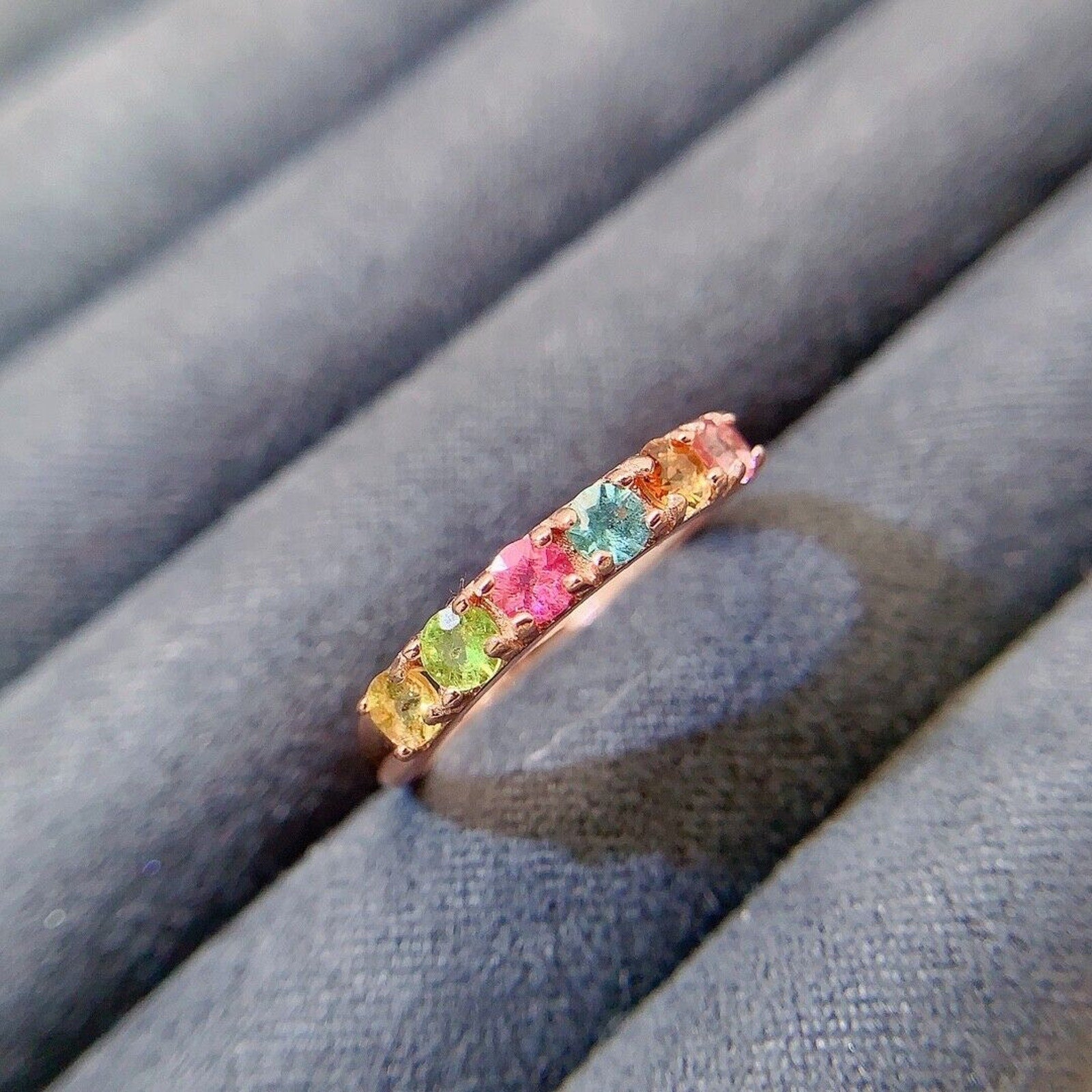 Natural Tourmaline Gemstone Band Ring, Women's Multicolor Tourmaline Band Ring