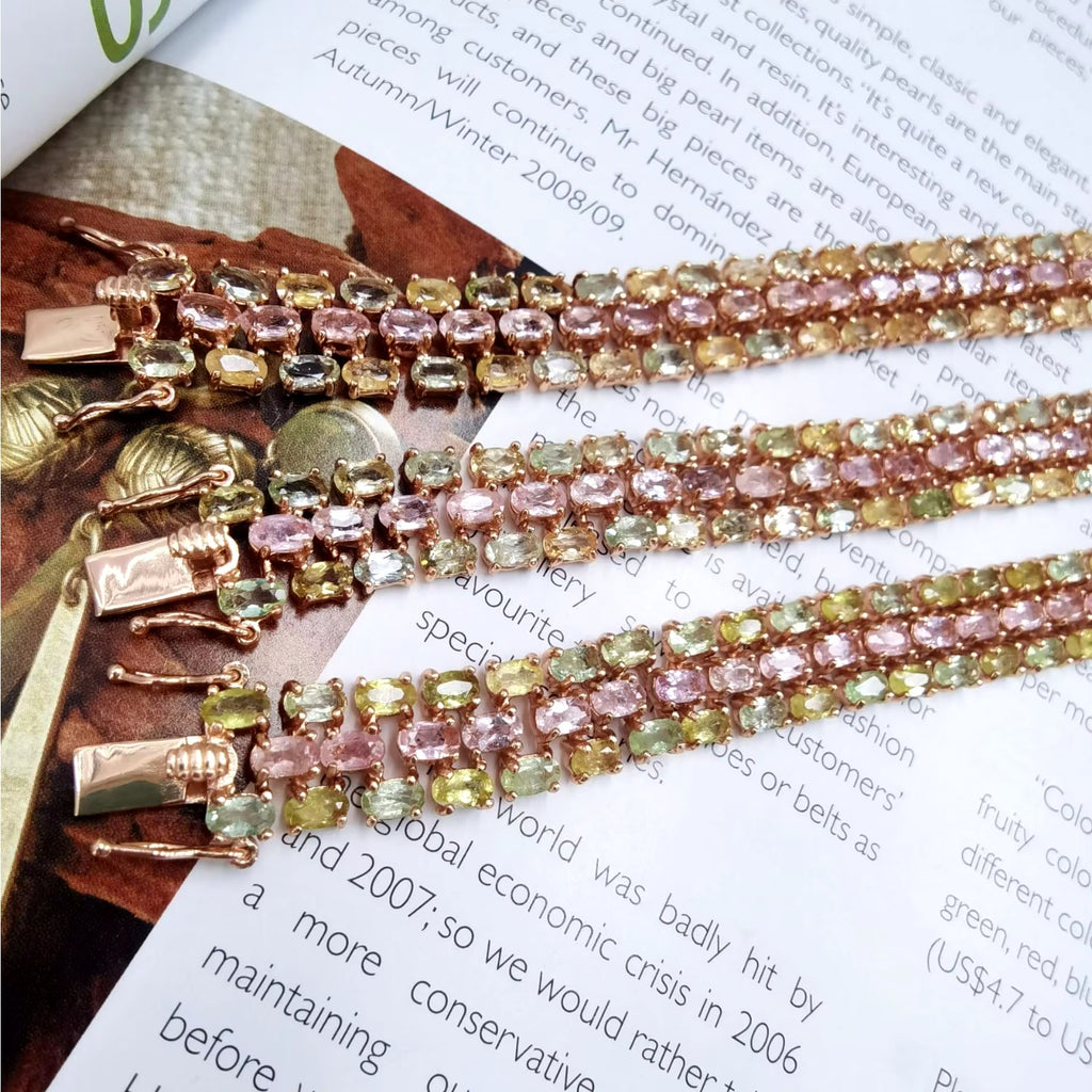 Natural Tourmaline Tennis Bracelet, Multilayer Tourmaline Bracelet Sterling
