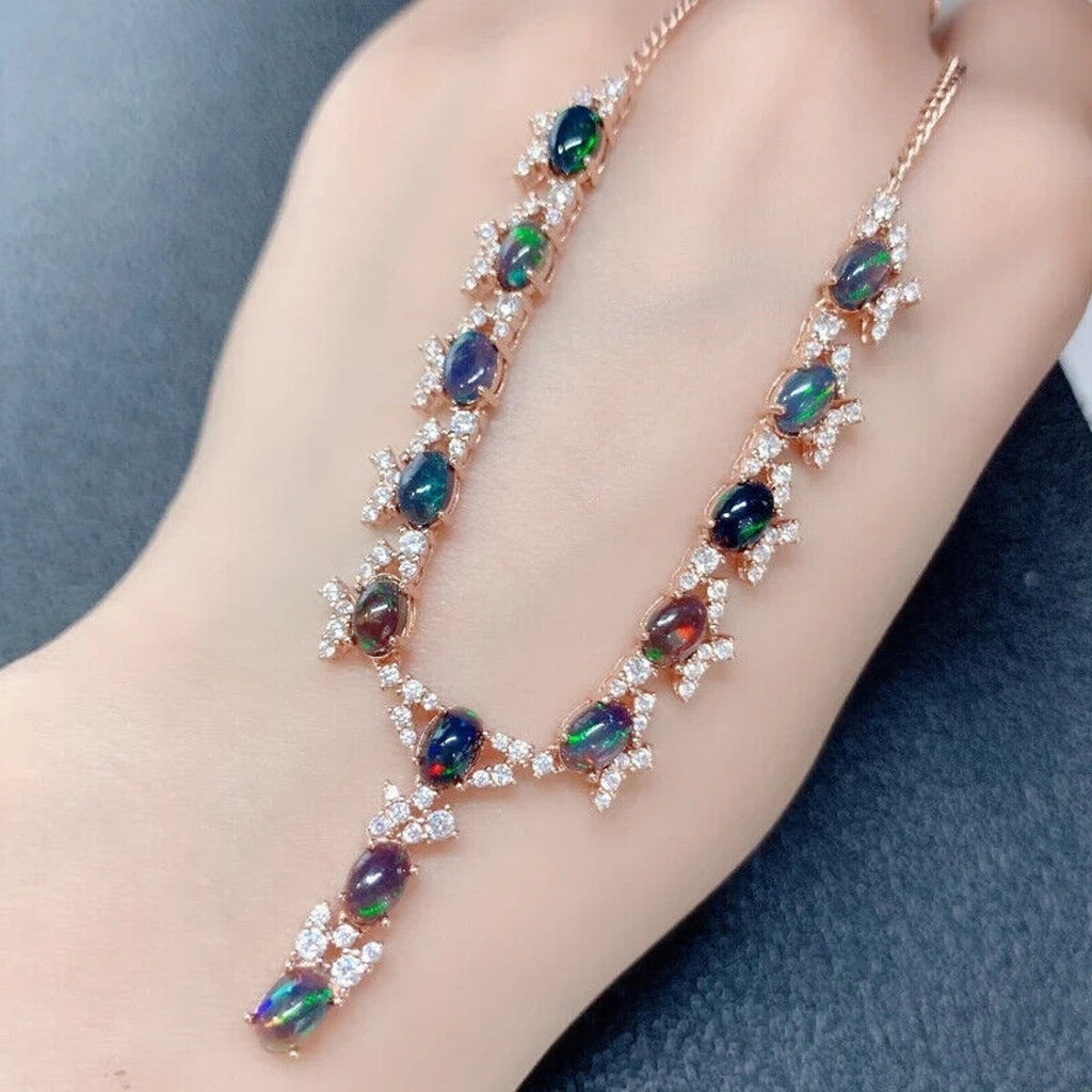 Natural Black Fire Opal Statement Necklace, Colorful Black Opal Necklace