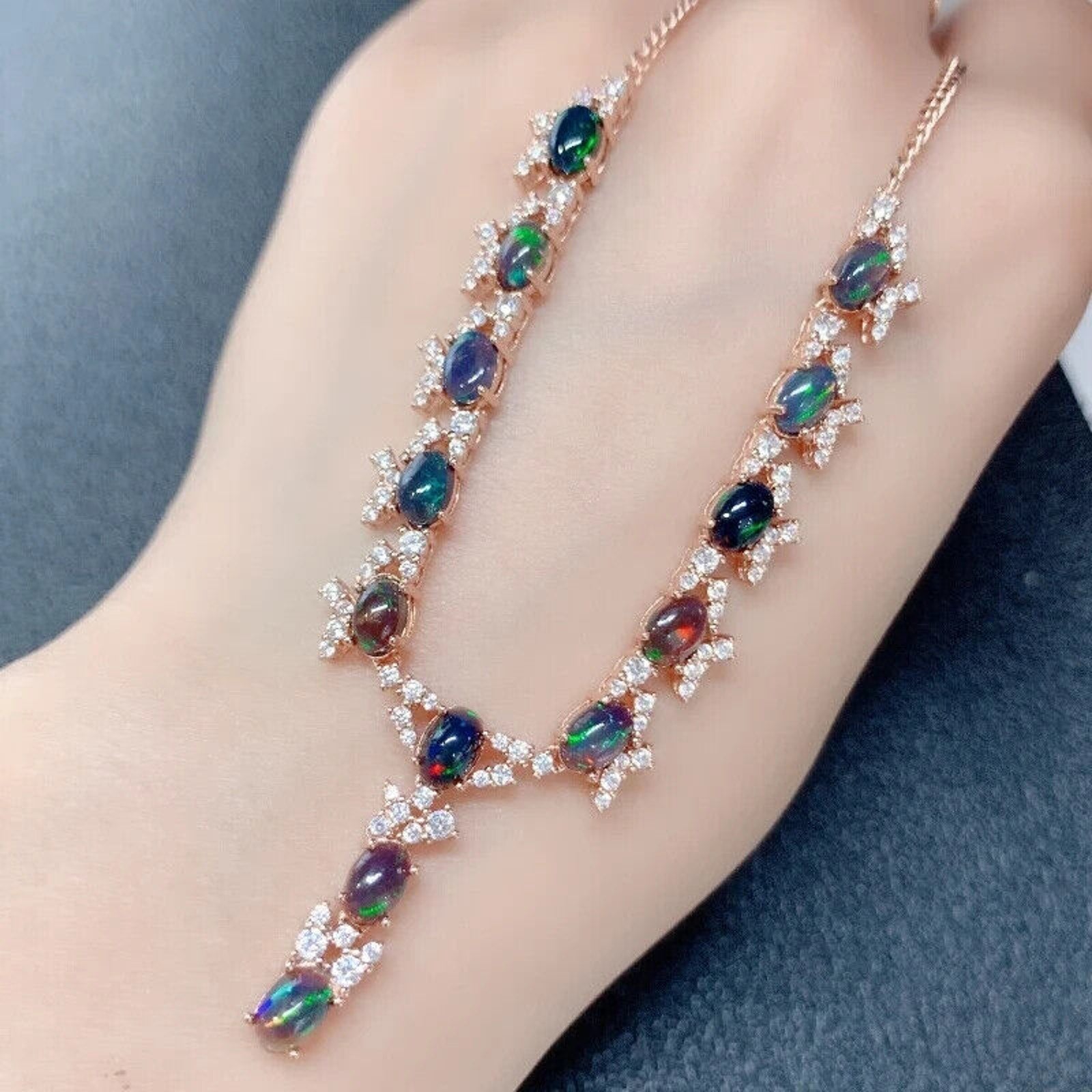 Natural Black Fire Opal Statement Necklace, Colorful Black Opal Necklace