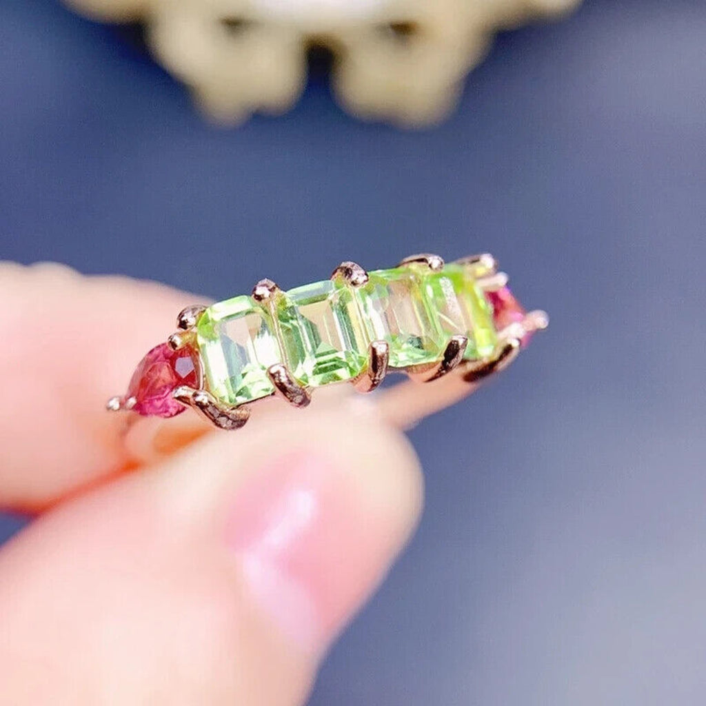 Natural Peridot and Tourmaline Emerald Cut Band Ring, August Birthstone Peridot