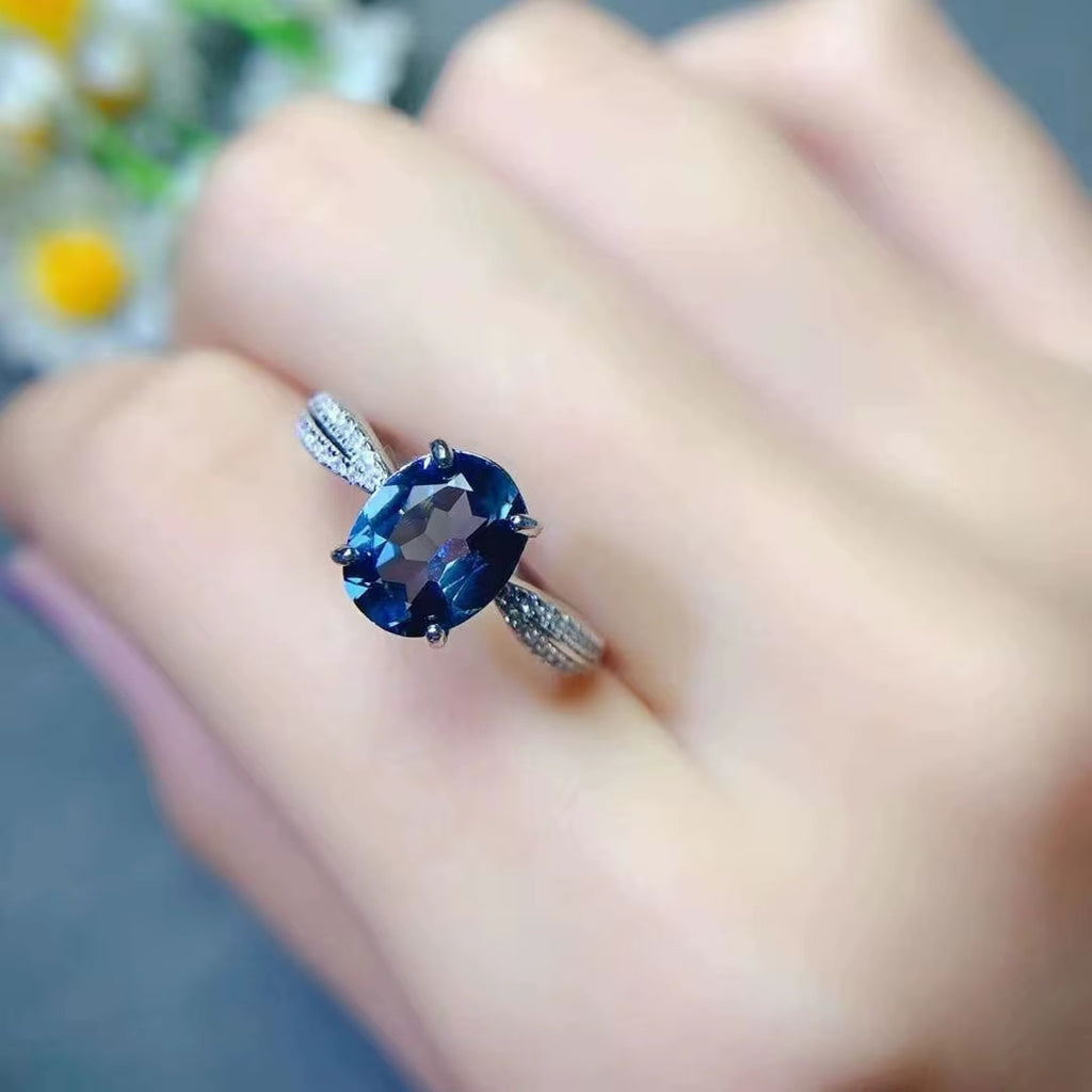 2CT Natural London Blue Topaz Gemstone Ring, London Blue Topaz Ring 8x10mm