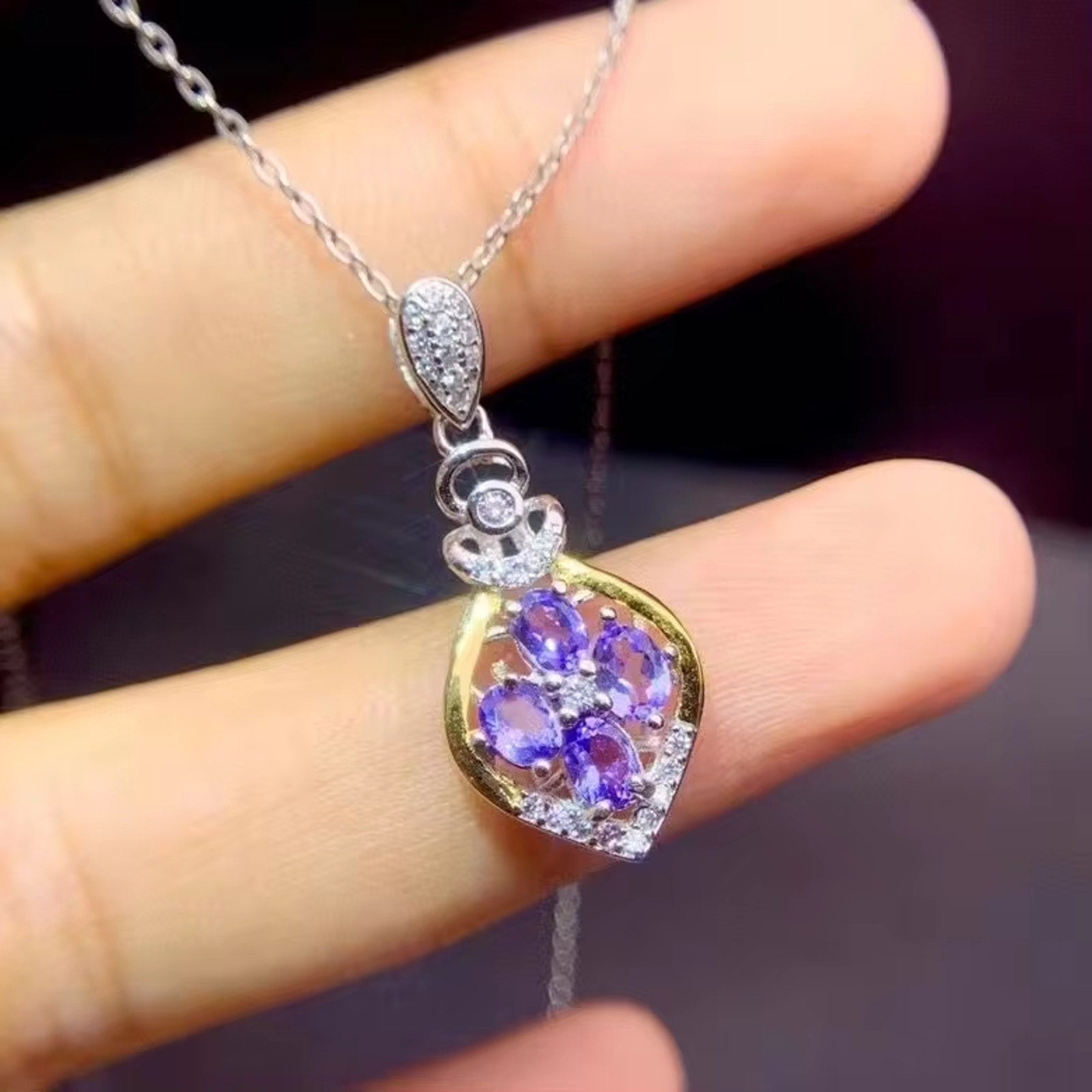 Tanzanite Necklace, Dainty Purple Tanzanite Charm Necklace Sterling Silver