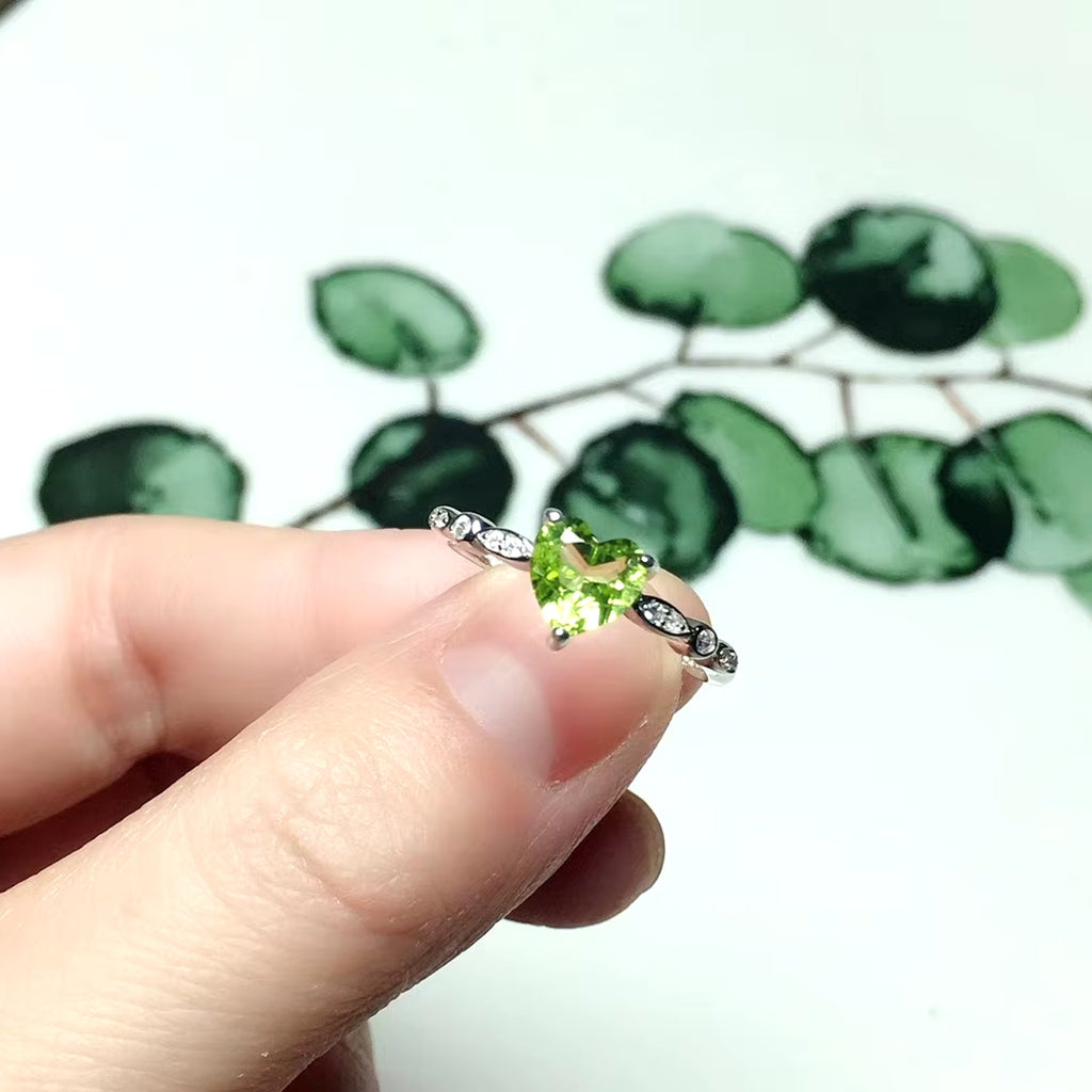 Natural Peridot Heart Ring, August Birthstone Peridot Ring 925 Sterling Silver