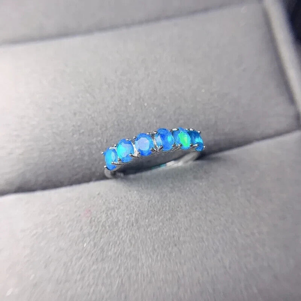 Natural Australian Blue Opal Band Ring 3x4mm, Women's Blue Fire Opal Ring