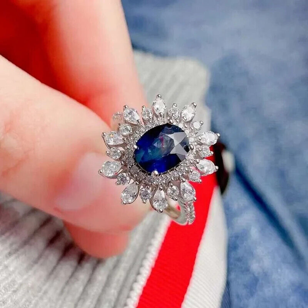 Natural Sapphire Gemstone Ring, Women's Sapphire Statement Ring Sterling Silver