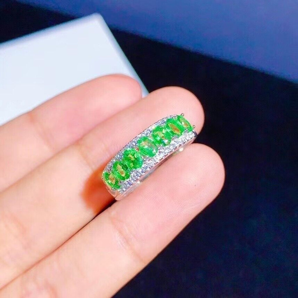 Bright Green Tsavorite Gemstone Band Ring Platinum Plated, Tsavorite Gemstone