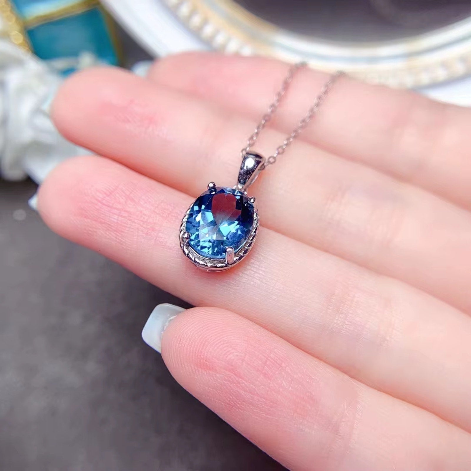 3CT London Blue Topaz Pendant Necklace, 925 Sterling Silver Blue Topaz Necklace